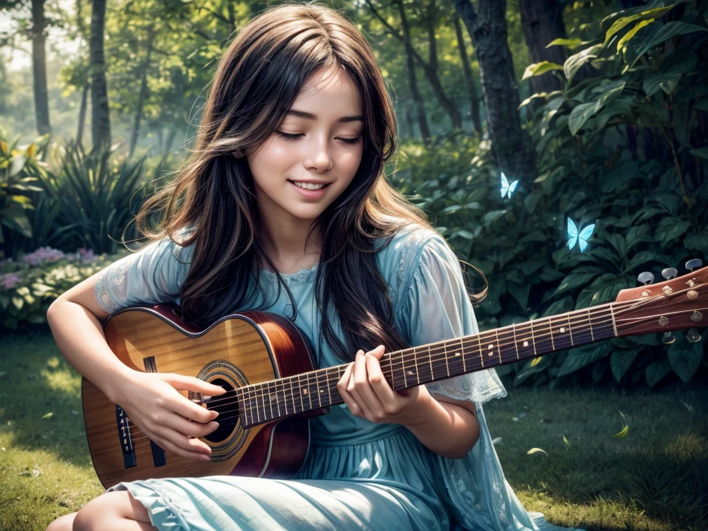 (best quality,4k,8k,highres,masterpiece:1.2),ultra-detailed,(realistic,photorealistic,photo-realistic:1.37),portrait,beautiful,serene,delicate,peaceful,emotional,talented,creative girl playing guitar,garden scene,bright sunlight,soft shadows,lush greenery,vibrant flowers,sunshine filtering through the leaves,light breeze swaying the girl's hair and dress,her fingers gently strumming the strings,her eyes closed in concentration,a smile of pure joy on her face,the guitar strings resonating with warm and melodious notes,blissful atmosphere,harmony between nature and music,colorful butterflies fluttering around,birds singing in the background,peaceful and uplifting mood