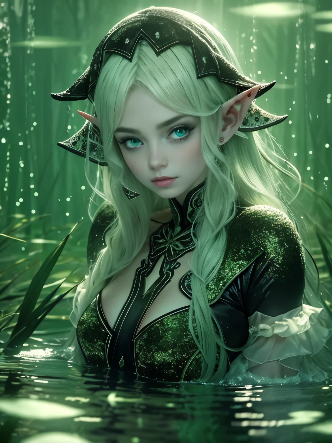 Ultra realistic and detailed photography of a beautiful elf with white skin and green hair swimming in a lake of water in a dark forest at night, fog over water, she is being illuminated only by the moonlight, her face has an air of innocence and her body is attractive and sensual. His clothing is a kind of green forest leaves with dry twigs., background is blurred. Fotografia realista e detalhada, melhor qualidade, estilo fotografia realista sensual, HD, 4K, Estilo ultra realista, pele trincada ultra realista e detalhada, melhor qualidade e trincado, visible skin pores, elfa do mundo real. 