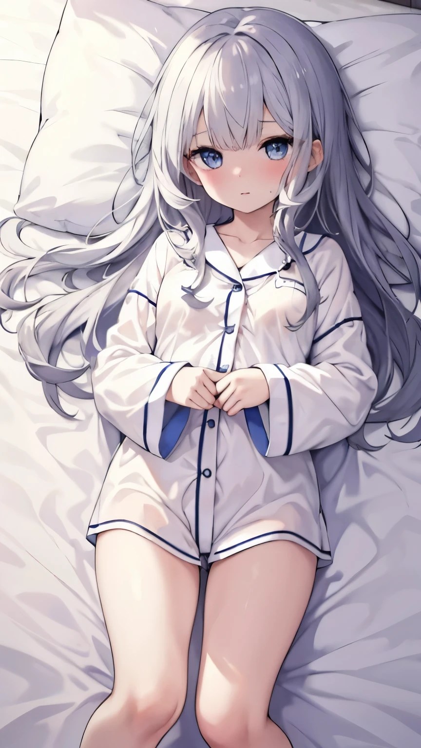 1 girl,Highest image quality,alone,gray hair,like snow white,blue eyes, white skin,Sleepiness,long hair,half sleepy,,wet with water,baby doll,T-back,On bedding,On your back,lie down,tits,,small,Mokomoko pajamas