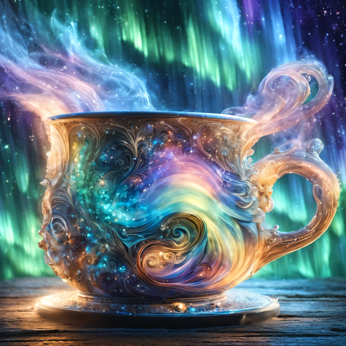 Aurorastyle, an ornate transparent cup of coffee, ornate mug, beautiful, elegant, detailed, macro, up close, the heavens fill the cup, aurora steam