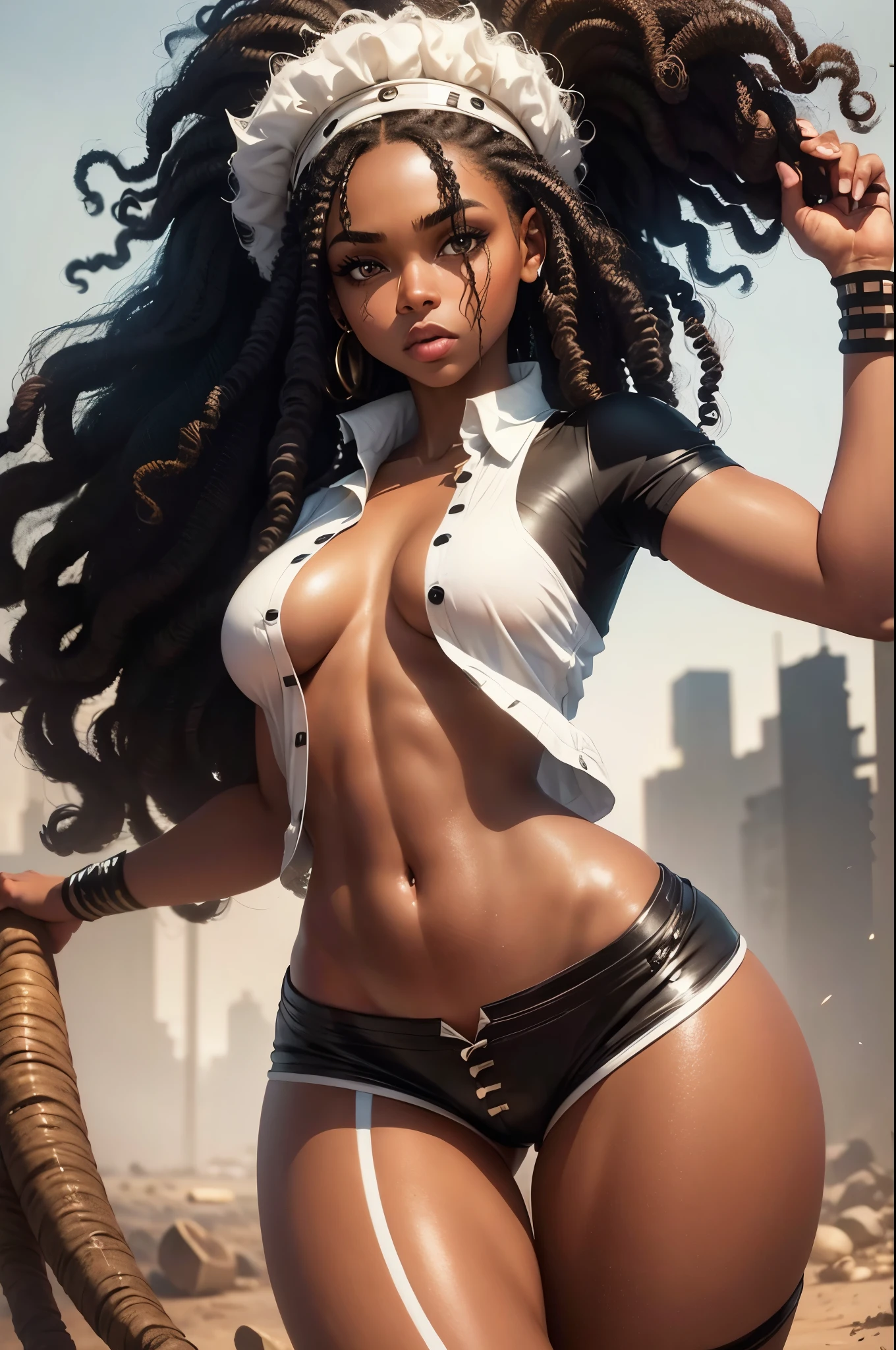 ((21 years old))) black girl, (((light skin))), (((Close-up full body pose))), (((long black curly hair))), (((Silk high socks paired with tight shorts))), (((Wearing post-apocalyptic clothes, short sleeve white shirt, Unbutton half of the buttons))), African tribal tattoo sleeve, Dark fantasy art, rich, Dark, (intricate details:0.9), (high dynamic range, Ultra-detailed:1.2), (natural skin texture, Surreal, soft light, sharp)