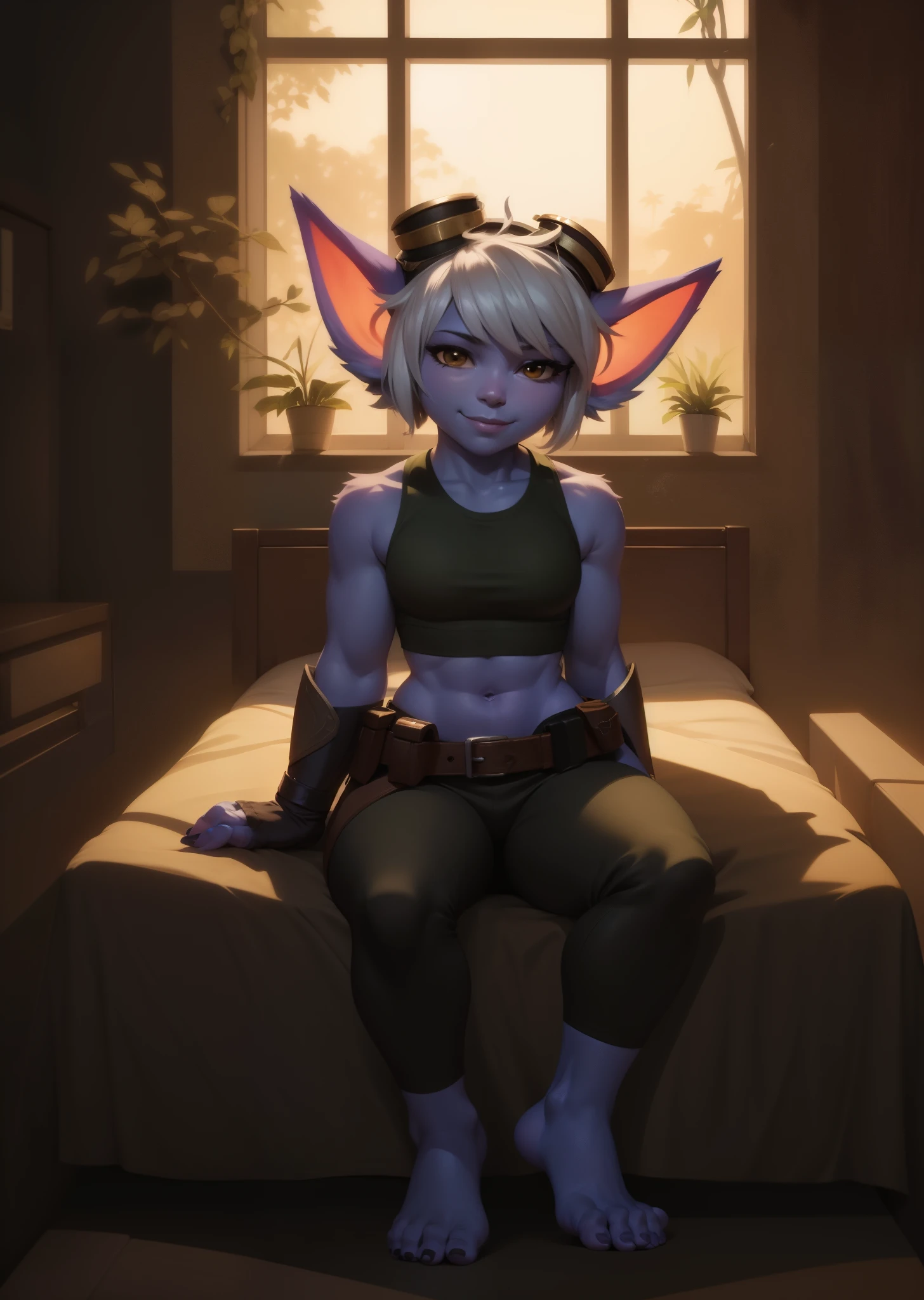 [tristana], [LOL], ((masterpiece)), ((HD)), ((high res)), ((beautiful render art)), ((solo portrait)), ((full body)), ((front view)), ((feet visible)), ((detailed shading)), {(attractive), (short), yordle, (purple skin), (elf ears), (short white hair), (cute brown eyes), (detailed iris), (short eyelashes), (sharp nails). (curvy hips), (detailed abs), (thick thighs), (detailed legs), (beautiful legs), (beautiful feet), (smug smirk), (excited expression)}, {(green sleeveless shirt), (navel), (tight green pants), (brown belt), (utility belt), (brown gauntlets), (fingerless gloves), (toeless socks), (goggles on head)}, {(sitting on bed), (legs spread open), (looking at viewer)}, [background; (bedroom), (window),(forest), (blue sky), (sun rays), (ambient lighting)]