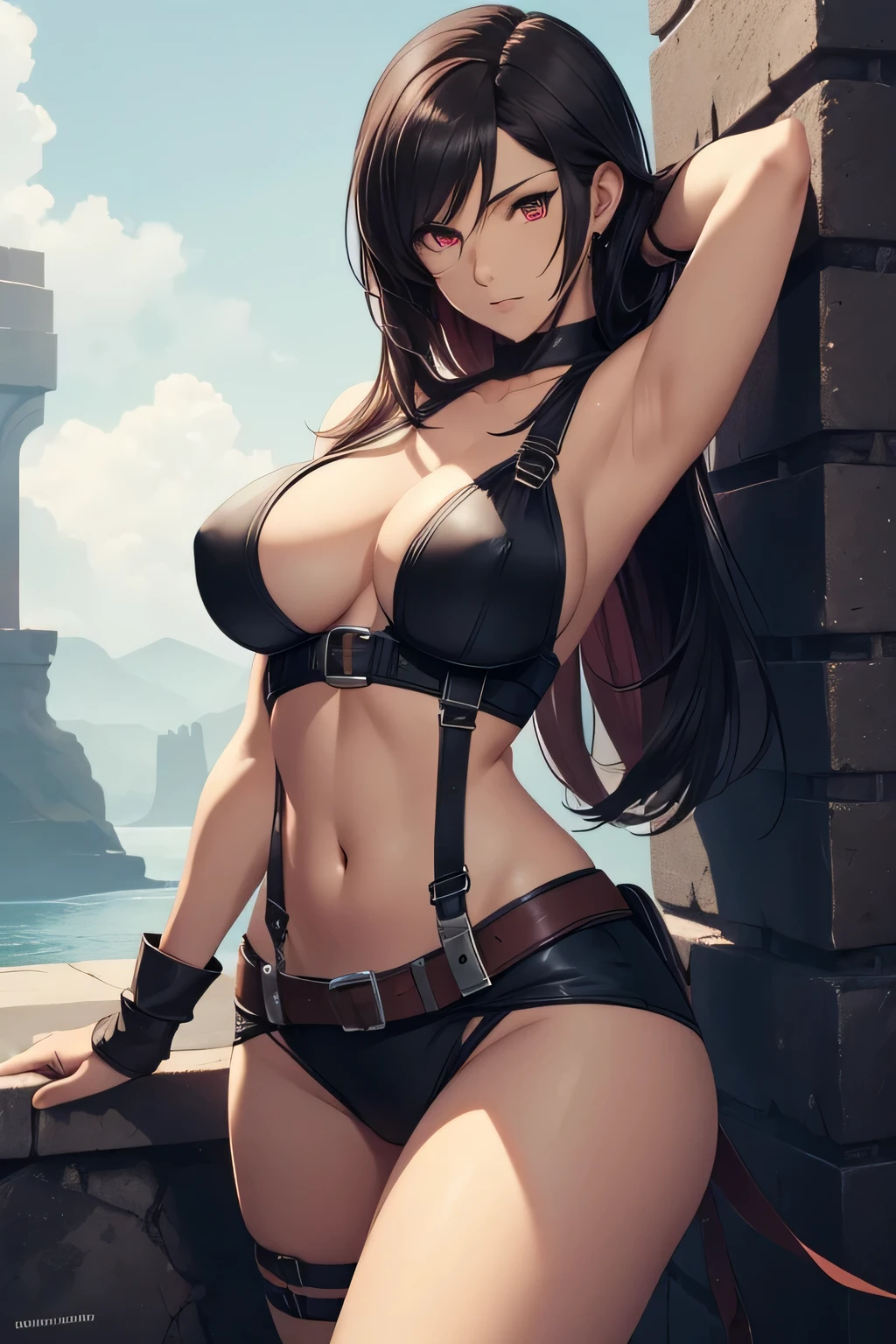 tifa lockhart, final fantasy, fair skin, long dark hair, red eyes, ((detailed eyes:1.2)), medium breasts, wearing swimsuit, sexy, sensual, sleeveless, sideboob, underboob, masterpiece, top quality, best quality, official art, beautiful and aesthetic:1.2), extreme detailed, colorful, highest detailed