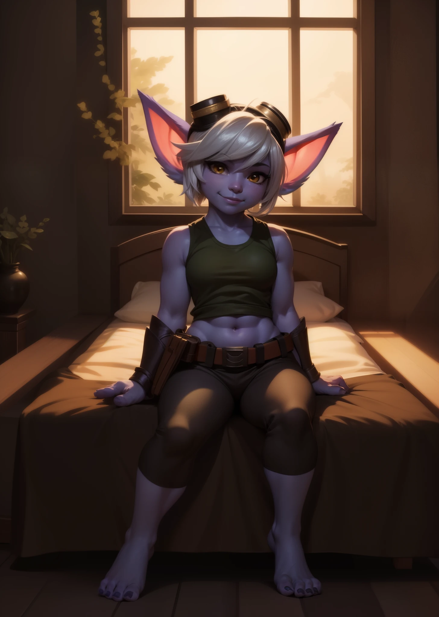 [tristana], [LOL], ((masterpiece)), ((HD)), ((high res)), ((beautiful render art)), ((solo portrait)), ((full body)), ((front view)), ((feet visible)), ((detailed shading)), {(attractive), (short), yordle, (purple skin), (elf ears), (short white hair), (cute brown eyes), (detailed iris), (short eyelashes), (sharp nails). (curvy hips), (detailed abs), (thick thighs), (detailed legs), (beautiful legs), (beautiful feet), (smug smirk), (excited expression)}, {(green sleeveless shirt), (navel), (tight green pants), (brown belt), (utility belt), (brown gauntlets), (fingerless gloves), (toeless socks), (goggles on head)}, {(sitting on bed), (legs spread open), (looking at viewer)}, [background; (bedroom), (window),(forest), (blue sky), (sun rays), (ambient lighting)]