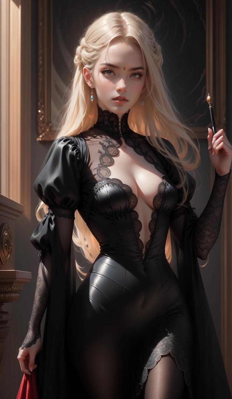 { - erro de anatomia}(Masterpiece - Ultra-Detailed, High Resolution) Prepare to be enchanted by a true masterpiece that combines ultra-detailed art with high-resolution rendering. This work shows a mesmerizing girl with long blonde hair (1.3) and captivating gray eyes (1.2), emanating an aura of elegance and mystery. The intricate details and realistic textures invite you to explore every aspect of this enchanting composition. Girl wearing classic Victorian costumes, black dress. Red lips (red lipstick) . Walking, writing, lying, standing, on your back, dynamic poses. Get ready to dive into a world where beauty and craftsmanship merge perfectly.