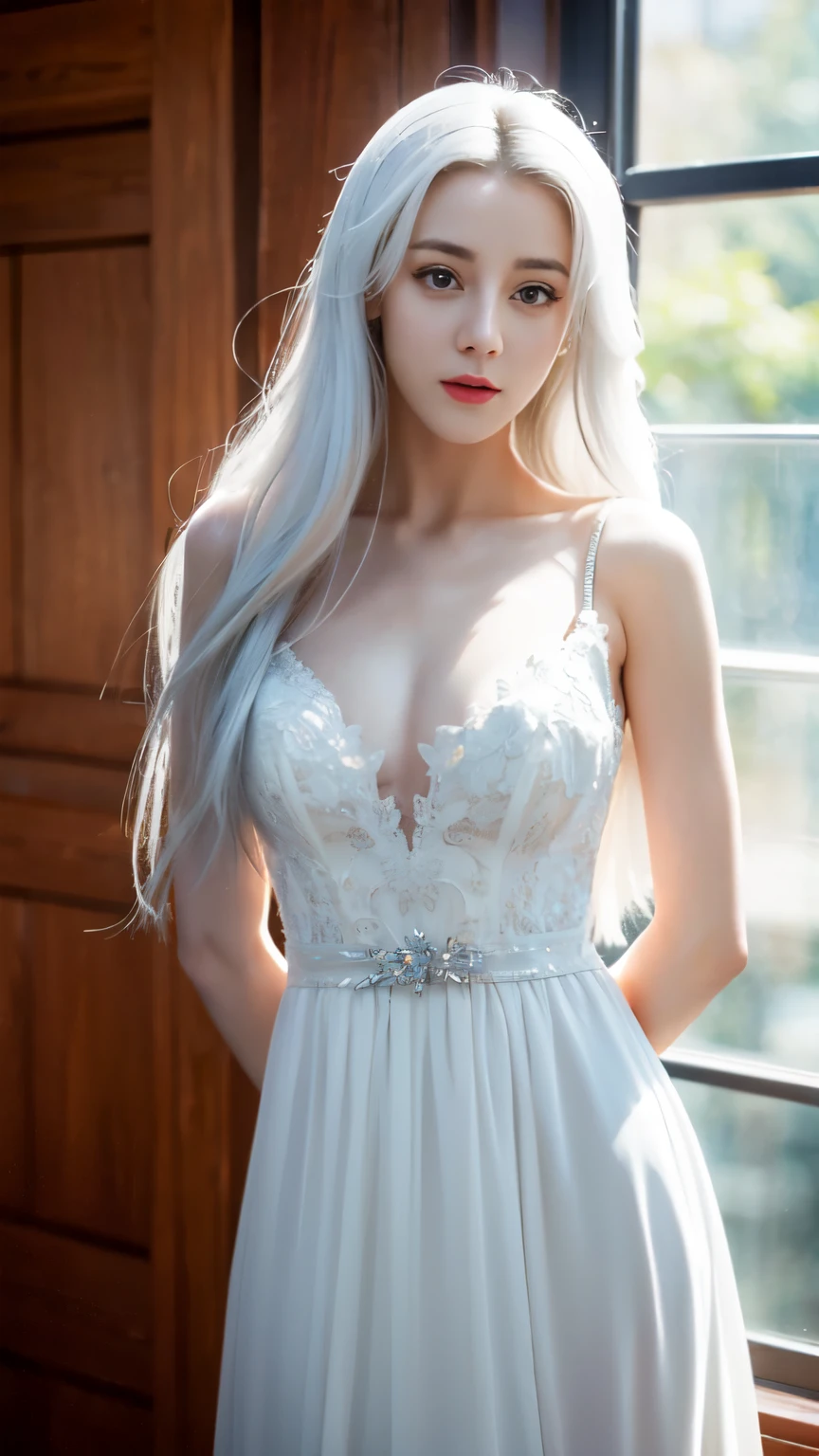 ((top quality、8k、​Masterpiece:1.3))、Extremely delicate and beautiful girl，Very white skin，fiery red lips，Waist is very thin，Thighs are very thin，，White and smooth skin，Smooth and fair skin，flawless skin，Fair and shiny skin，cold white skin，The camera focuses on the chest，bright light，hair is white，A pair of huge white wings on the back，hazy light rays，hazy light rays，blurred white background，Long white dress，White hair，white hair，sad，shed tears