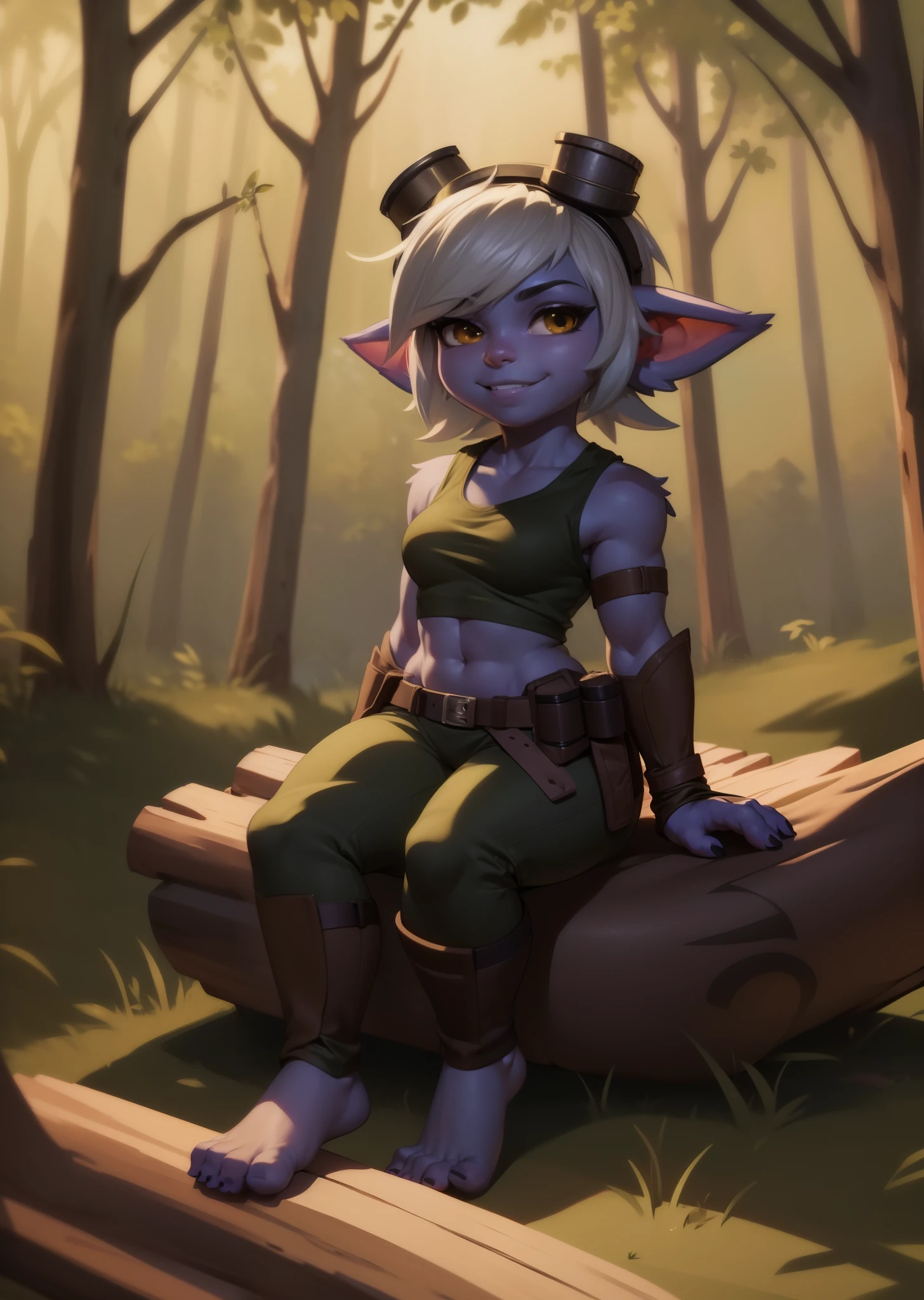 [tristana], [LOL], ((masterpiece)), ((HD)), ((high res)), ((beautiful render art)), ((solo portrait)), ((full body)), ((front view)), ((feet visible)), ((detailed shading)), {(attractive), (short), yordle, (purple skin), (elf ears), (short white hair), (cute brown eyes), (detailed iris), (short eyelashes), (curvy hips), (detailed abs), (thick thighs), (detailed legs), (beautiful legs), (beautiful feet), (smug grin), (excited expression)}, {(green sleeveless shirt), (navel), (tight green pants), (brown belt), (utility belt), (brown gauntlets), (fingerless gloves), (toeless socks), (goggles on head)}, {(sitting on log), (legs spread open), (looking at viewer)}, [background; (forest), (blue sky), (sun rays), (ambient lighting)]