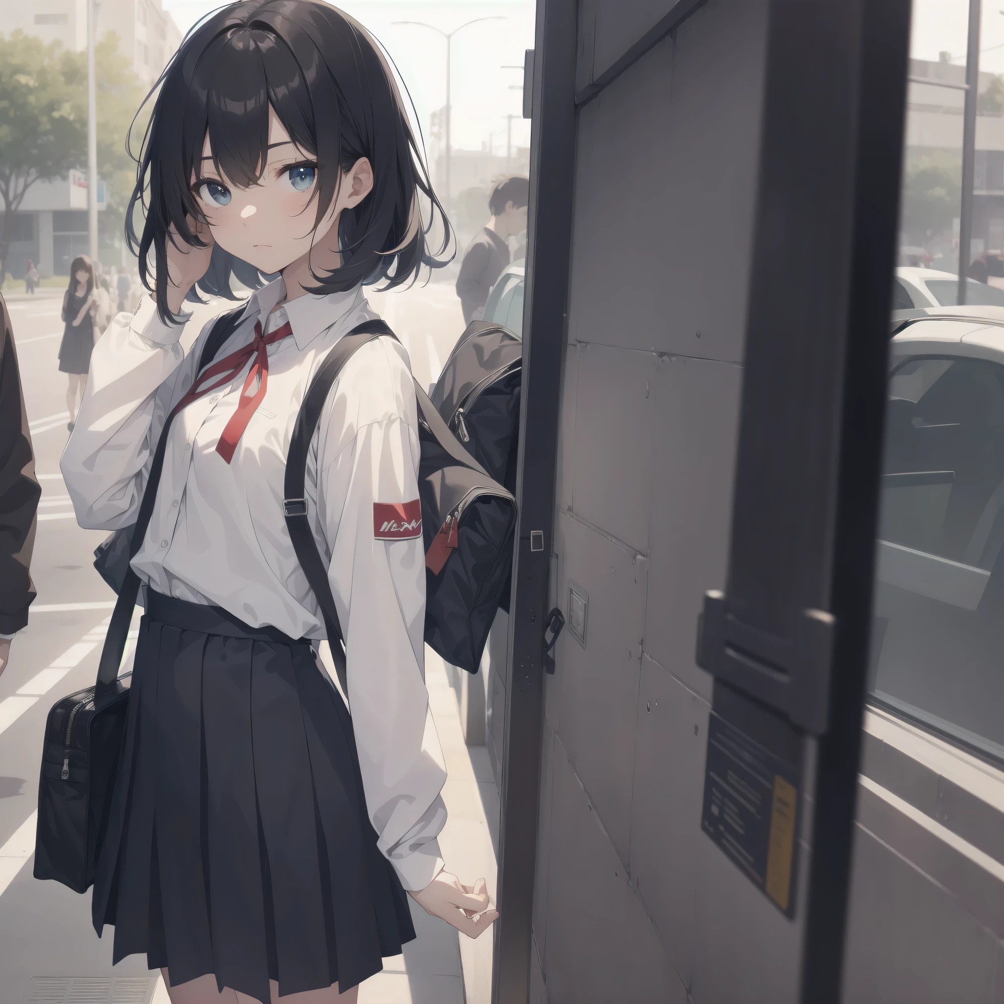 Super absurd quality by the god of art, super detailed, High resolution, anime moe art style, Best Anime 8K Kona-chan Wallpaper, pixiv contest winner, perfect anatomy, break,(眠そうにalone学校へ行く女の子を描いてください. )break,1 girl, (alone,little woman, baby face, 13 years old:1.3),All limbs, full finger,, The charm of an immature body, (very short hair), bangs, flat chest, Small Bodysuits, small ass, between legs, small black eyes, detailed and beautiful eyes, Well-proportioned iris and pupils, expressive eyes, sleepy eyes, High resolutionの詳細な髪, ribbon, neck ribbon, skirt, collared shirt, pleated skirt, school uniform, school bag,(detailed lighting), (detailed background), On the way to school. break,super dense skin, The best everyday lighting by famous artists, 8k,cute illustration,photoshop_(Moderate),Absurd Hi-Res,Hmm,rough skin