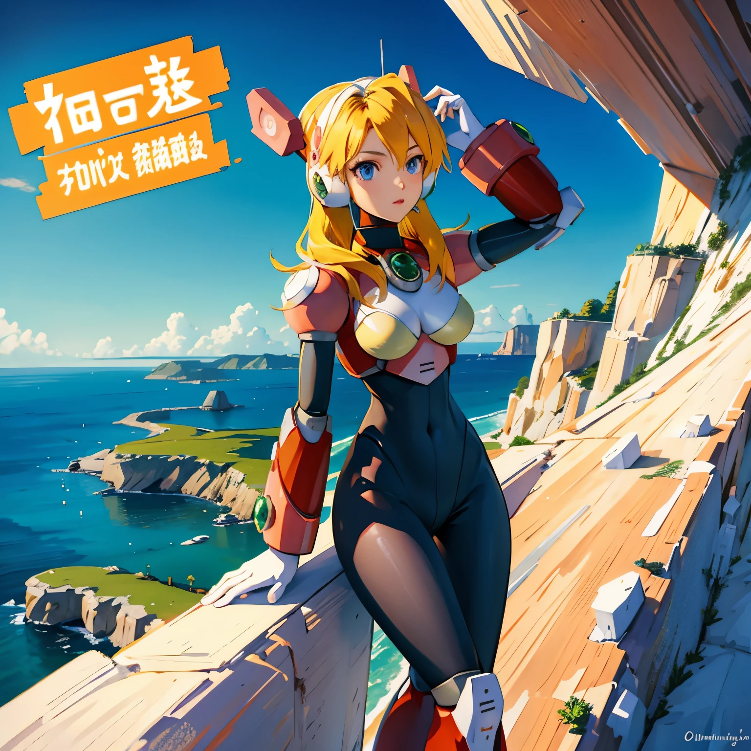 alia_megamanx, 1girl, solo, breasts, blue eyes, blonde hair, android, long hair, robot ears, overlooking the ocean on the edge of a rock, in the style of avian-themed, realistic yet stylized, villagecore, azure, orange and azure, dragoncore, aerial view