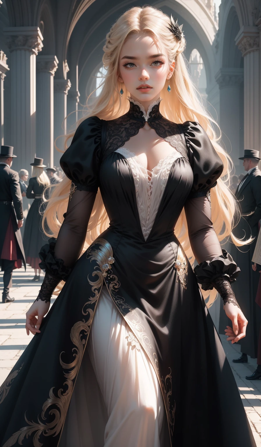{ - anatomy error}(Masterpiece - Ultra-detailed, very high resolution) Prepare to be enchanted by a true masterpiece that combines ultra-detailed art with high-resolution rendering. This work depicts a mesmerizing woman with very long blond hair (1.3) and captivating gray eyes (1.2), emanating an aura of elegance and mystery in Victorian settings. The intricate details and realistic textures invite you to explore every aspect of this enchanting composition. Woman wearing beautiful classic Victorian costume from the year 1878. Red lips. Happy face. Smiling. black-white dress. Walking, writing, lying down, standing, on your back, dynamic poses. Get ready to dive into a world where beauty and craftsmanship merge perfectly.