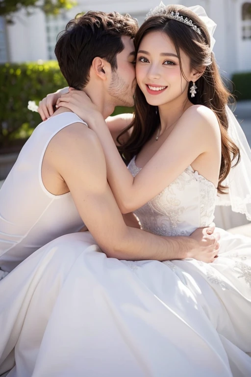 white wedding dress,good looking face,sweet happy lover