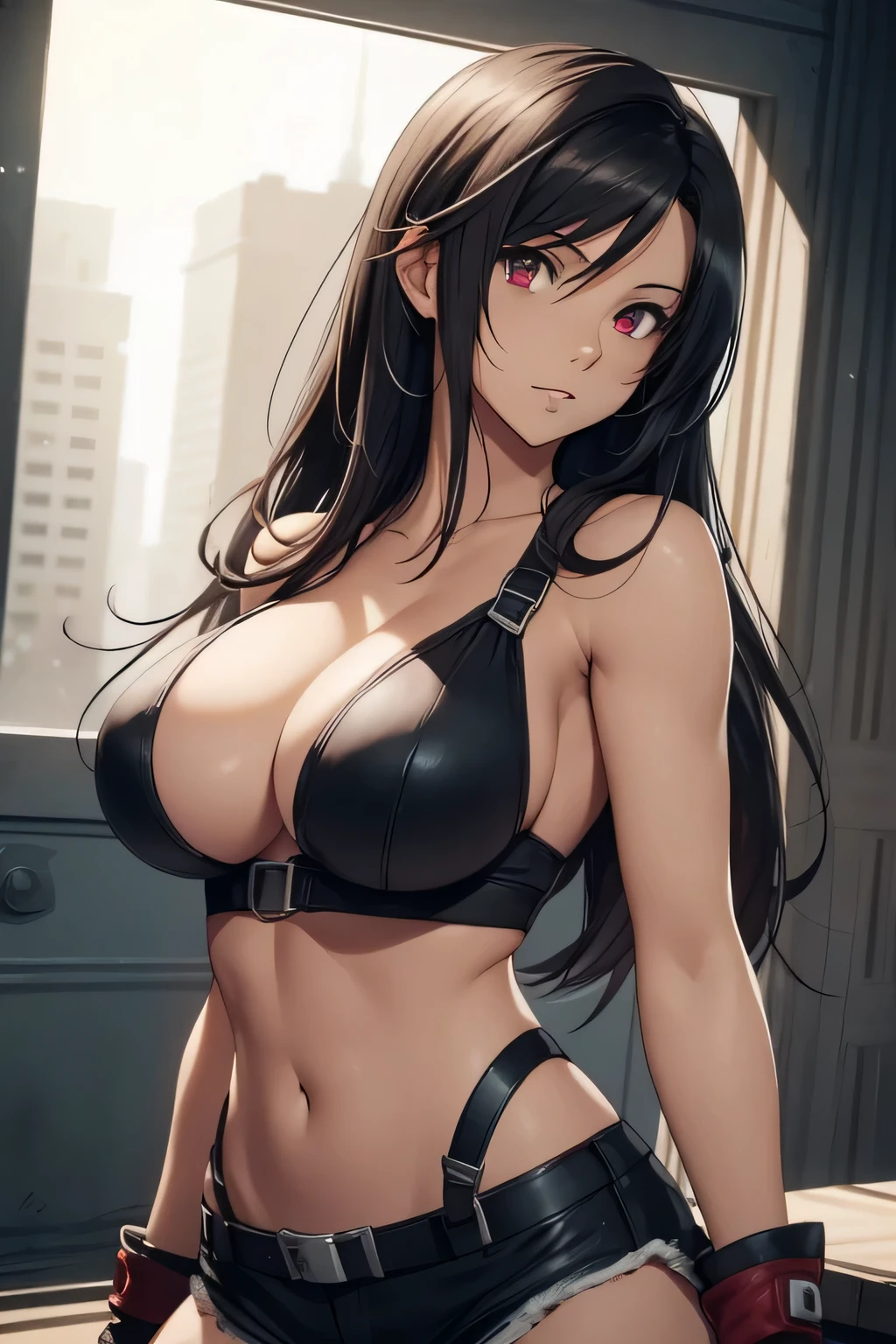 tifa lockhart, final fantasy, fair skin, long dark hair, red eyes, ((detailed eyes:1.2)), large breasts, wearing bikini, sexy, sensual, sleeveless, sideboob, underboob, masterpiece, top quality, best quality, official art, beautiful and aesthetic:1.2), extreme detailed, colorful, highest detailed