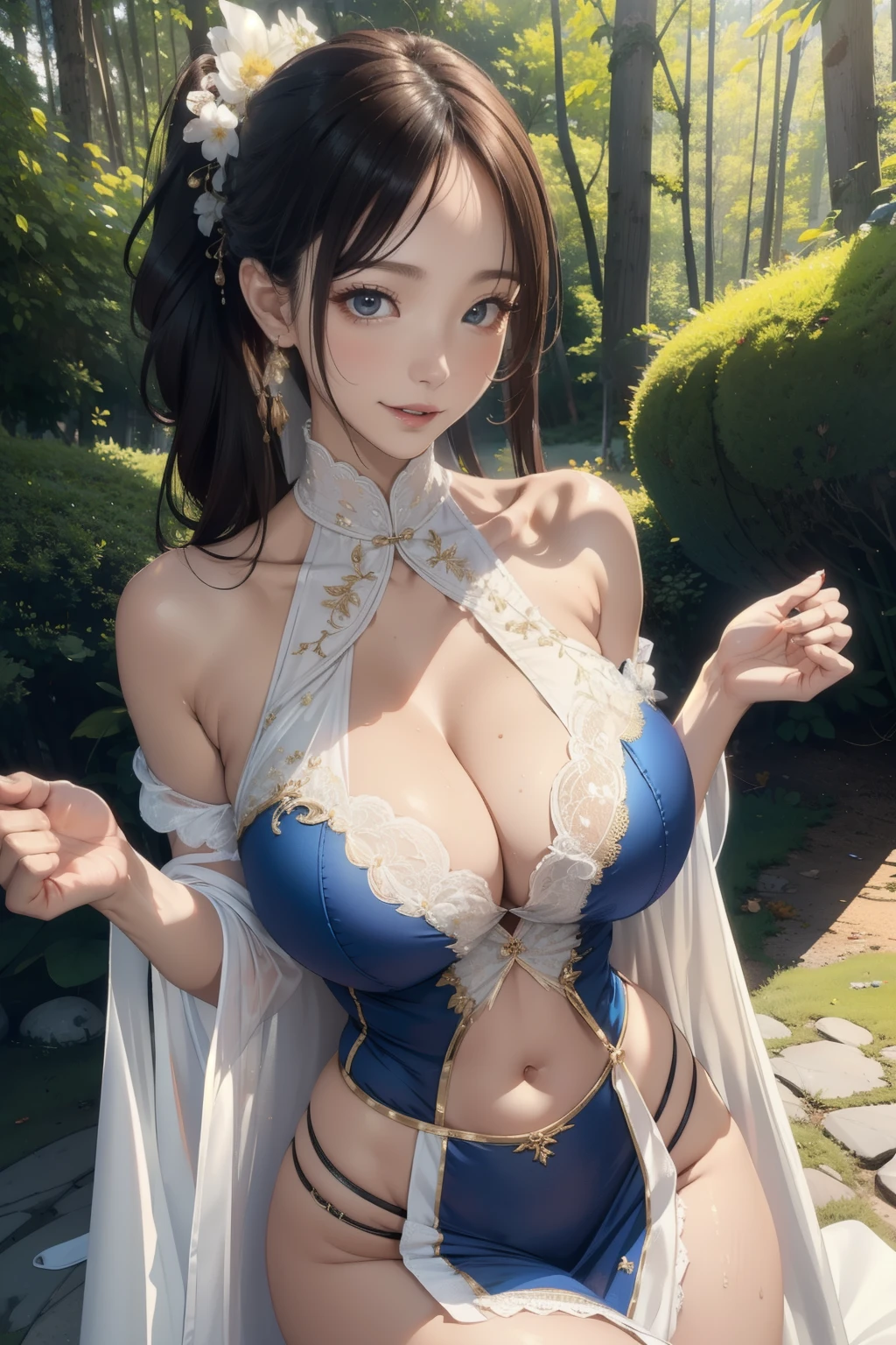 (masterpiece:1.2, highest quality), realistic, (real picture, intricate details, High-neck clothes), parted lips, very detailed, perfect face, perfect body, large model,Background in the forest,transparent nipples,mature woman,tall, long legs, Separate the upper and lower costumes,of bright shades、Costume with wide open chest,revealing costumes,The lower body is only underwear,Only the upper body is dressed up,random hairstyle、big breasts、lace costume、embellished costume、Clothes that expose the belly button、