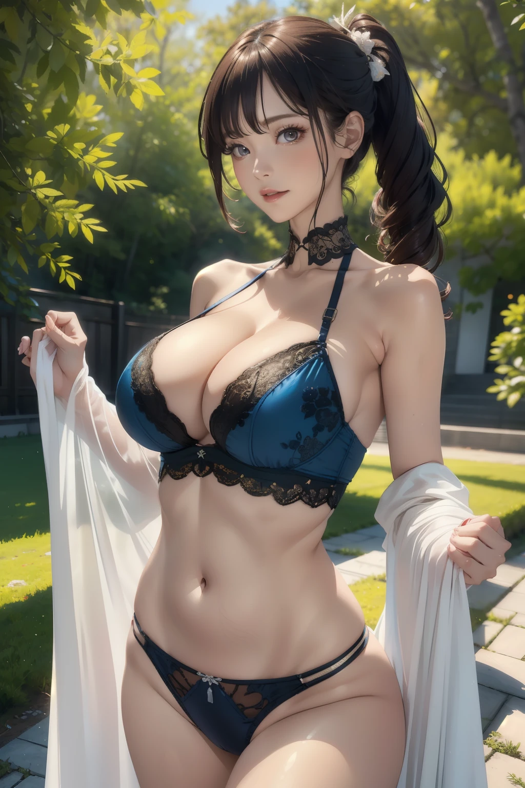 (masterpiece:1.2, highest quality), realistic, (real picture, intricate details, High-neck clothes), parted lips, very detailed, perfect face, perfect body, large model,Background in the forest,transparent nipples,mature woman,tall, long legs, Separate the upper and lower costumes,of bright shades、Costume with wide open chest,revealing costumes,The lower body is only underwear,Only the upper body is dressed up,random hairstyle、big breasts、lace costume、embellished costume、Clothes that expose the belly button、