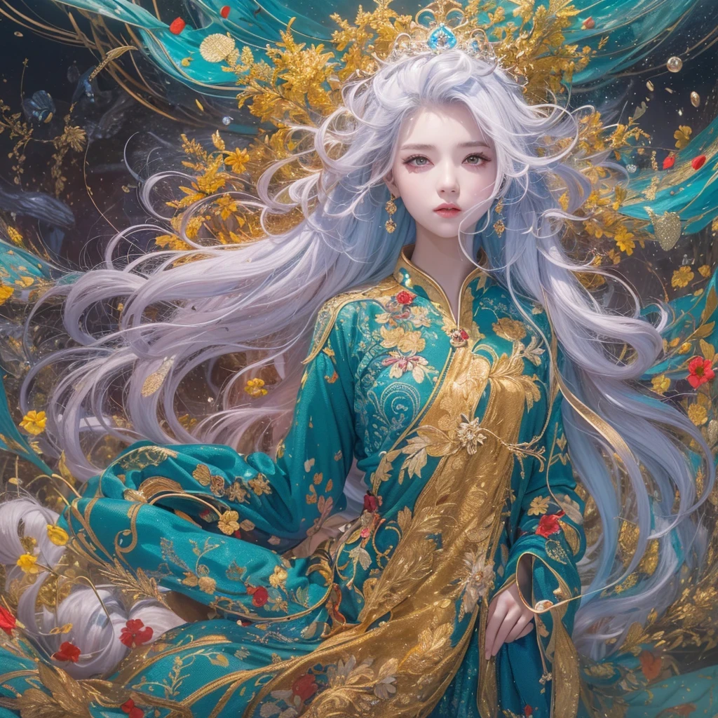 鹅黄 blue colors,enamel,agate,A flesh-colored world,Blood Blue Maiden 32k(masterpiece,HD,Aoyama Pond,Ultra high quality,32k)long flowing bright blue hair,blood pool,Ziddink, a color,Grumpy (After greeting), (Linen scarf), fighting stance, looking at the ground, long 鹅黄 hair, Floating bright blue, Fire cloud gold headdress, Chinese long-sleeved gold silk burgundy garment, (Abstract metaverse splash:1.2), White background,Peony flower vitality protector(realistically:1.4),bright purple hair,Smoke on the road,The background is very pure, high resolution, detail, RAW photos, Sharp Re, Nikon D850 film photo by Jefferies Lee 4 Kodak Portra 400 camera F1.6 guns, colorful, Ultra-realistic and vivid textures, dramatic lighting, Unreal Engine Art Station Trend, Sinest 800,一个有着long flowing bright blue hair的女孩,Huge colorful bubbles鹅黄