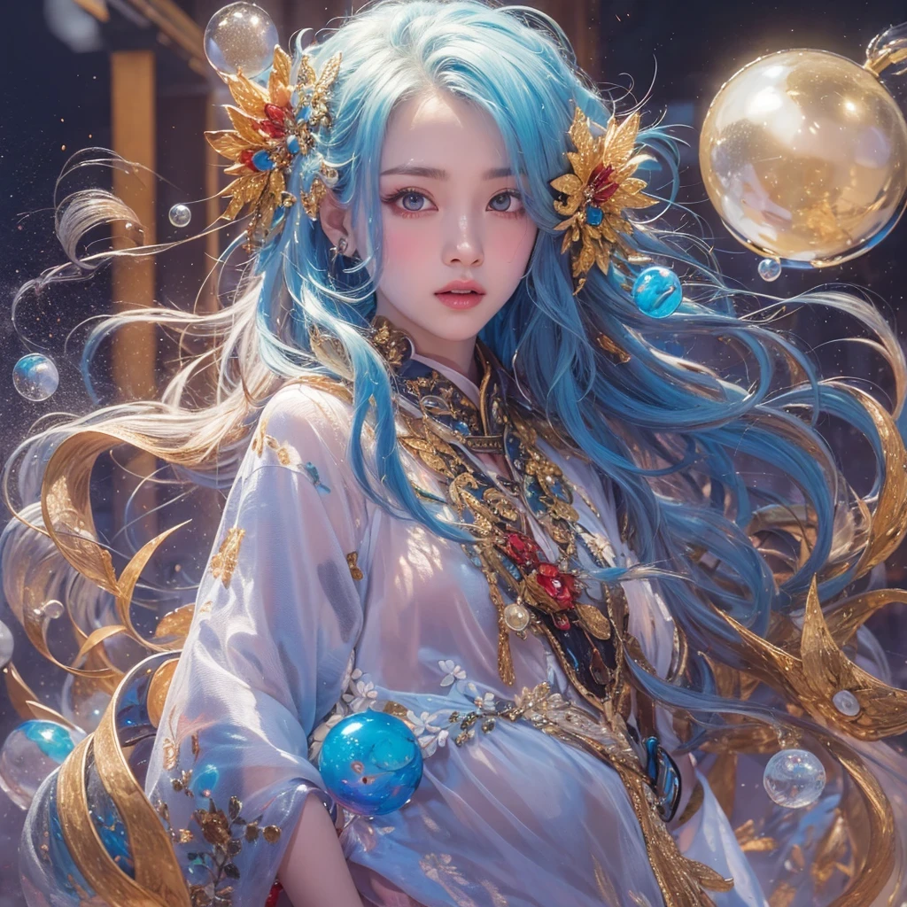 鹅黄 blue colors，enamel，agate，A flesh-colored world，Blood Blue Maiden 32k（masterpiece，HD，Aoyama Pond，Ultra high quality，32k）long flowing bright blue hair，blood pool，Ziddink， a color，Grumpy （After greeting）， （Linen scarf）， fighting stance， looking at the ground， long 鹅黄 hair， Floating bright blue， Fire cloud gold headdress， Chinese long-sleeved gold silk burgundy garment， （Abstract metaverse splash：1.2）， White background，Peony flower vitality protector（realistically：1.4），bright purple hair，Smoke on the road，The background is very pure， high resolution， detail， RAW photos， Sharp Re， Nikon D850 film photo by Jefferies Lee 4 Kodak Portra 400 camera F1.6 guns, colorful, Ultra-realistic and vivid textures, dramatic lighting, Unreal Engine Art Station Trend, Sinest 800，一个有着long flowing bright blue hair的女孩，Huge colorful bubbles鹅黄