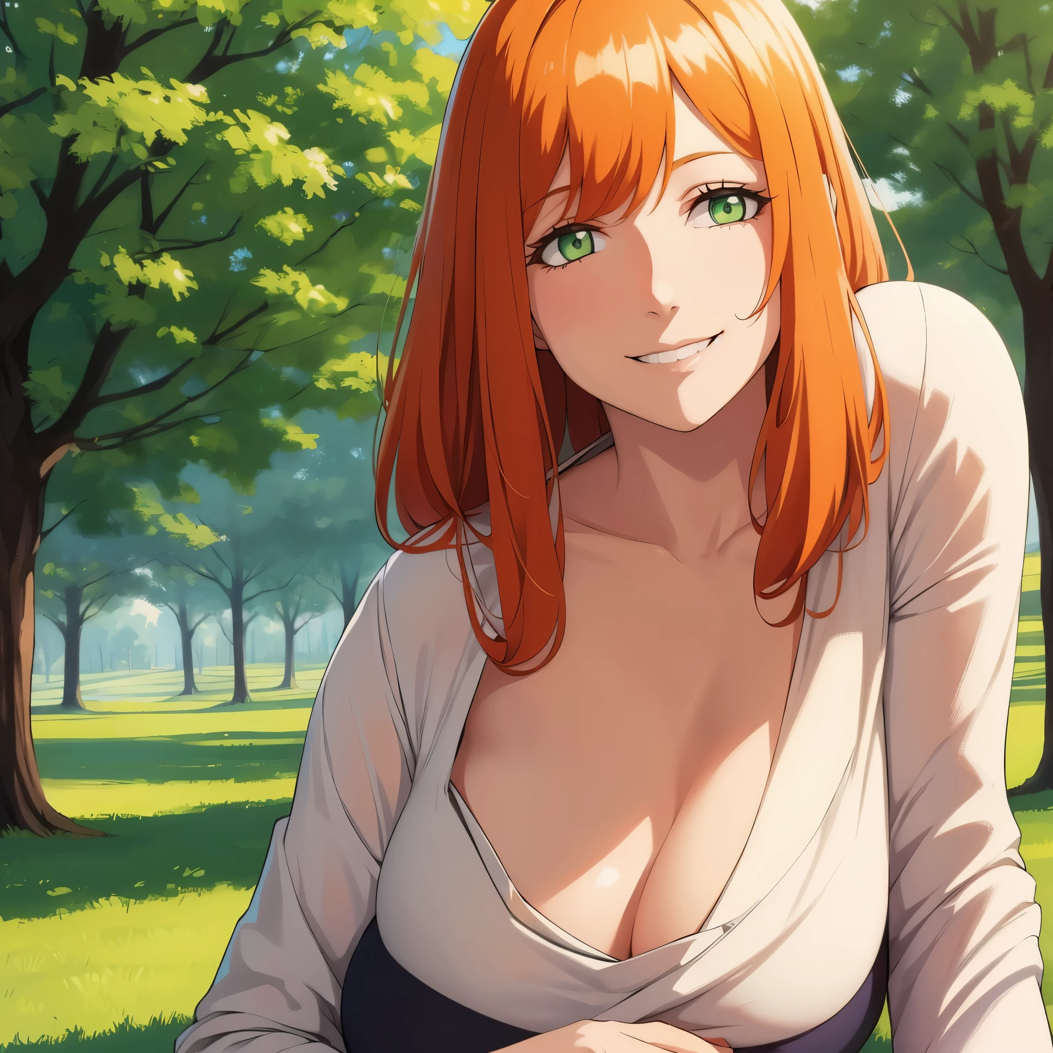 a woman in a park, faint orange hair, green eyes, smiling
