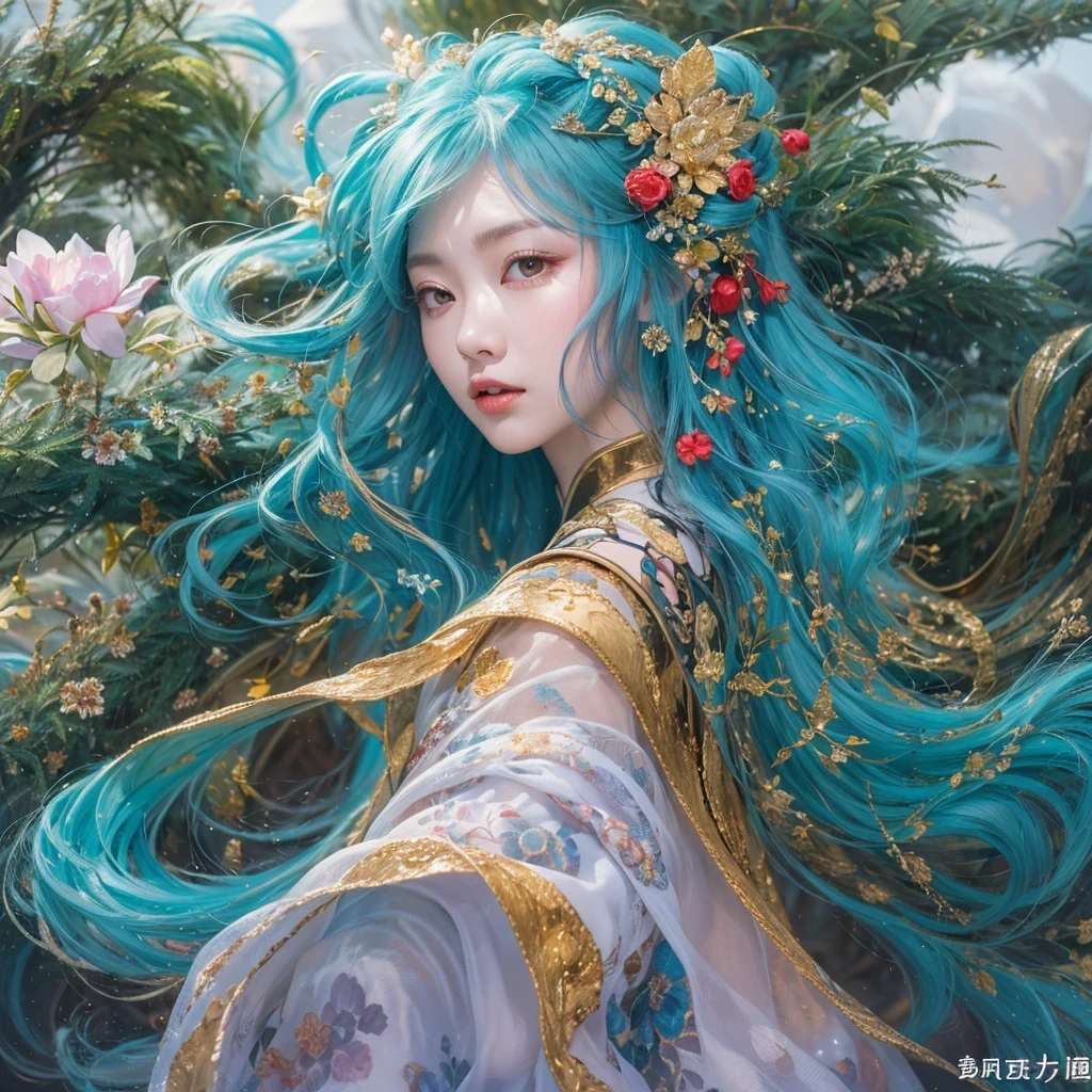 鹅黄 blue colors,enamel,agate,A flesh-colored world,Blood Blue Maiden 32k(masterpiece,HD,Aoyama Pond,Ultra high quality,32k)long flowing bright blue hair,blood pool,Ziddink, a color,Grumpy (After greeting), (Linen scarf), fighting stance, looking at the ground, long 鹅黄 hair, Floating bright blue, Fire cloud gold headdress, Chinese long-sleeved gold silk burgundy garment, (Abstract metaverse splash:1.2), White background,Peony flower vitality protector(realistically:1.4),bright purple hair,Smoke on the road,The background is very pure, high resolution, detail, RAW photos, Sharp Re, Nikon D850 film photo by Jefferies Lee 4 Kodak Portra 400 camera F1.6 guns, colorful, Ultra-realistic and vivid textures, dramatic lighting, Unreal Engine Art Station Trend, Sinest 800,一个有着long flowing bright blue hair的女孩,Huge colorful bubbles鹅黄