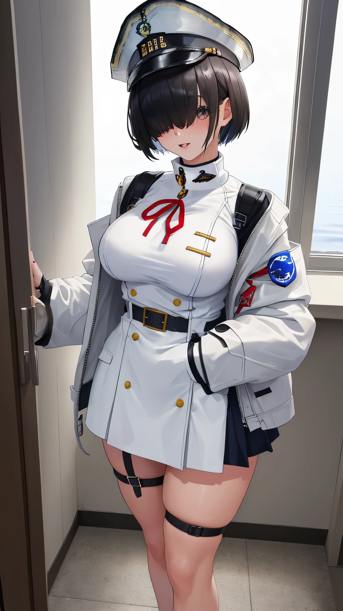 masterpiece, best quality, 1girl, solo, elegg, short, perfect face, short hair, bangs, black hair, (((hair over eyes))), thigh strap, thick thighs, DD breasts, white school uniform, white jacket, white vest, (((marine jacket))), marine hat, models, neck ribbon, skirt, thigh strap, long sleeves, short stature