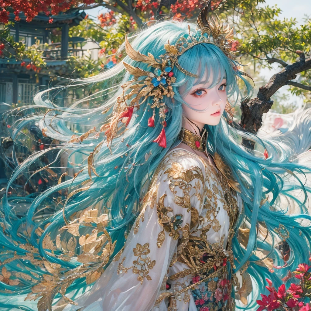 鹅黄 blue colors,enamel,agate,A flesh-colored world,Blood Blue Maiden 32k(masterpiece,HD,Aoyama Pond,Ultra high quality,32k)long flowing bright blue hair,blood pool,Ziddink, a color,Grumpy (After greeting), (Linen scarf), fighting stance, looking at the ground, long 鹅黄 hair, Floating bright blue, Fire cloud gold headdress, Chinese long-sleeved gold silk burgundy garment, (Abstract metaverse splash:1.2), White background,Peony flower vitality protector(realistically:1.4),bright purple hair,Smoke on the road,The background is very pure, high resolution, detail, RAW photos, Sharp Re, Nikon D850 film photo by Jefferies Lee 4 Kodak Portra 400 camera F1.6 guns, colorful, Ultra-realistic and vivid textures, dramatic lighting, Unreal Engine Art Station Trend, Sinest 800,一个有着long flowing bright blue hair的女孩,Huge colorful bubbles鹅黄