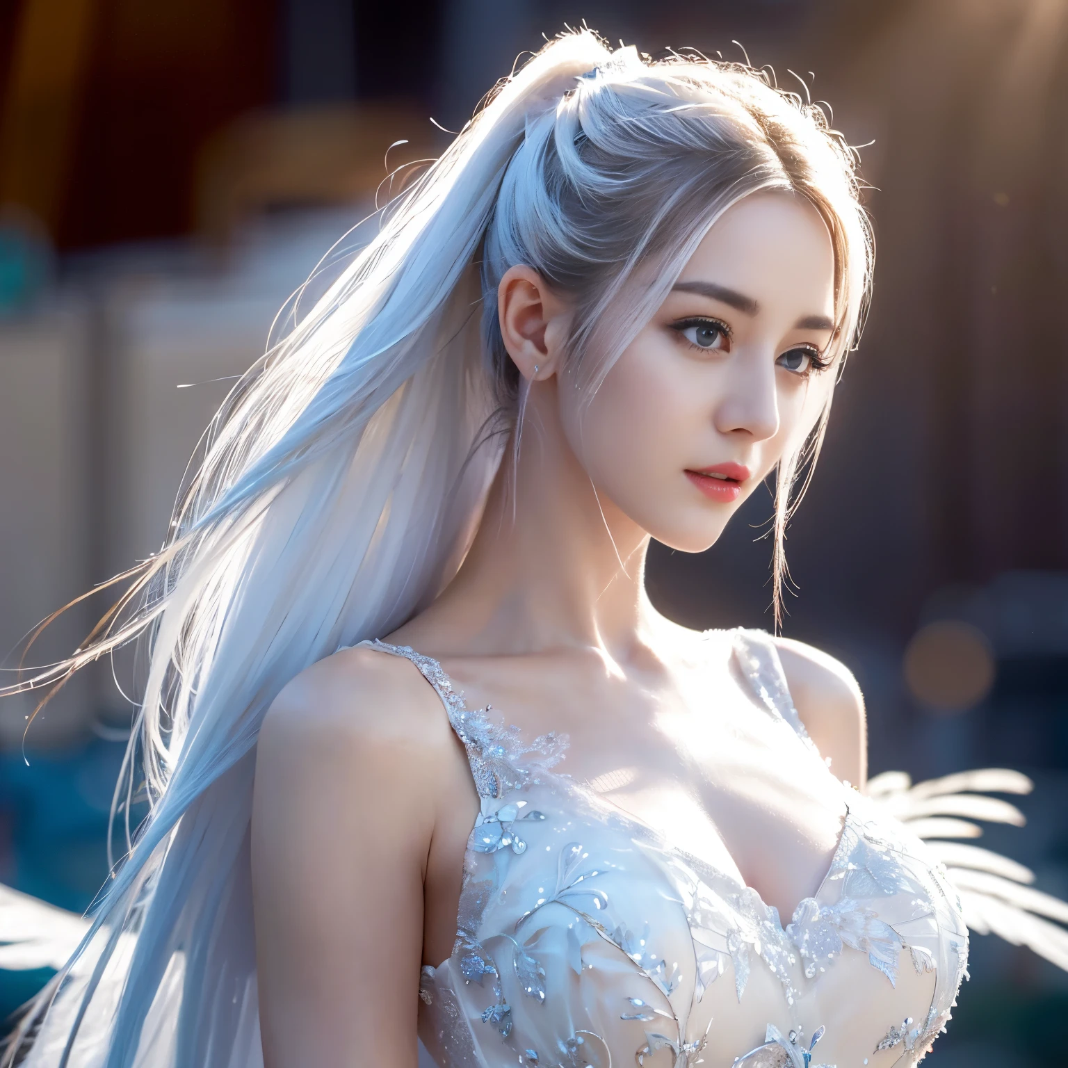 ((top quality、8k、​Masterpiece:1.3))、Extremely delicate and beautiful girl，Very white skin，fiery red lips，Waist is very thin，Thighs are very thin，，White and smooth skin，Smooth and fair skin，flawless skin，Fair and shiny skin，cold white skin，The camera focuses on the chest，bright light，hair is white，A pair of huge white wings on the back，hazy light rays，hazy light rays，blurred white background，Long white dress，White hair，white hair，sad，shed tears