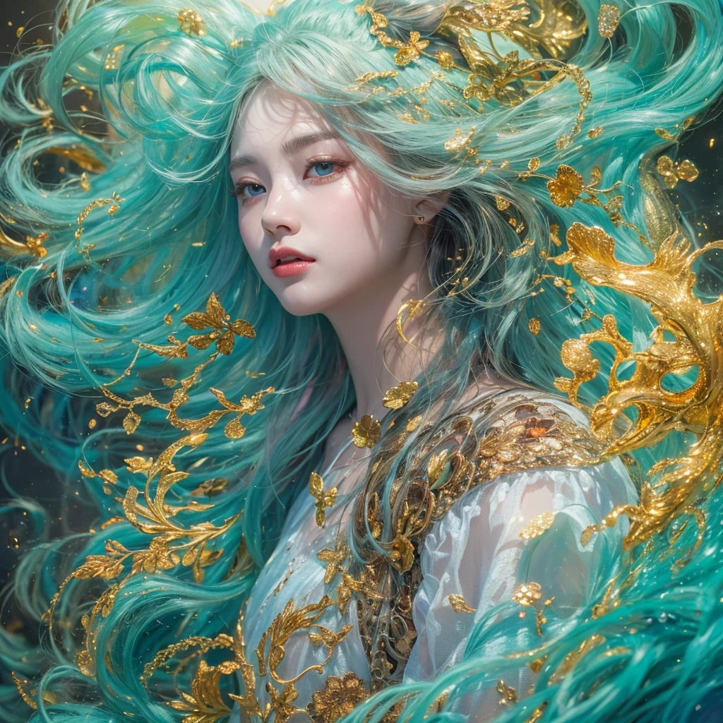 鹅黄 blue colors,enamel,agate,A flesh-colored world,Blood Blue Maiden 32k(masterpiece,HD,Aoyama Pond,Ultra high quality,32k)long flowing bright blue hair,blood pool,Ziddink, a color,Grumpy (After greeting), (Linen scarf), fighting stance, looking at the ground, long 鹅黄 hair, Floating bright blue, Fire cloud gold headdress, Chinese long-sleeved gold silk burgundy garment, (Abstract metaverse splash:1.2), White background,Peony flower vitality protector(realistically:1.4),bright purple hair,Smoke on the road,The background is very pure, high resolution, detail, RAW photos, Sharp Re, Nikon D850 film photo by Jefferies Lee 4 Kodak Portra 400 camera F1.6 guns, colorful, Ultra-realistic and vivid textures, dramatic lighting, Unreal Engine Art Station Trend, Sinest 800,一个有着long flowing bright blue hair的女孩,Huge colorful bubbles鹅黄
