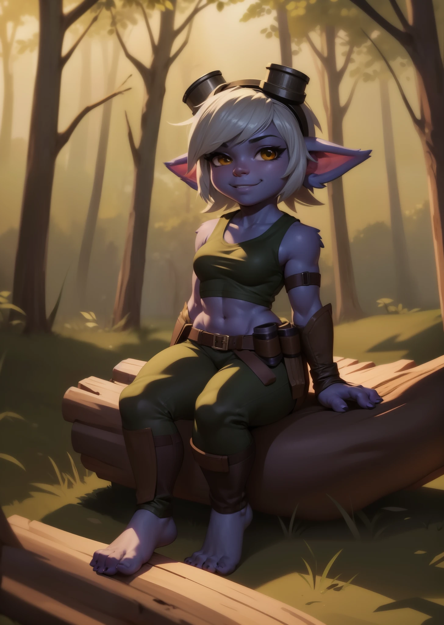 [tristana], [LOL], ((masterpiece)), ((HD)), ((high res)), ((beautiful render art)), ((solo portrait)), ((full body)), ((front view)), ((feet visible)), ((detailed shading)), {(attractive), (short), yordle, (purple skin), (elf ears), (short white hair), (cute brown eyes), (detailed iris), (short eyelashes), (curvy hips), (detailed abs), (thick thighs), (detailed legs), (beautiful legs), (beautiful feet), (smug grin), (excited expression)}, {(green sleeveless shirt), (navel), (tight green pants), (brown belt), (utility belt), (brown gauntlets), (fingerless gloves), (toeless socks), (goggles on head)}, {(sitting on log), (legs spread open), (looking at viewer)}, [background; (forest), (blue sky), (sun rays), (ambient lighting)]