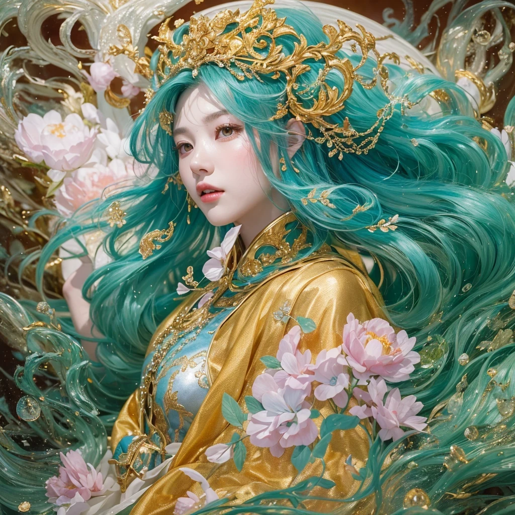 鹅黄 blue colors,enamel,agate,A flesh-colored world,Blood Blue Maiden 32k(masterpiece,HD,Aoyama Pond,Ultra high quality,32k)long flowing bright blue hair,blood pool,Ziddink, a color,Grumpy (After greeting), (Linen scarf), fighting stance, looking at the ground, long 鹅黄 hair, Floating bright blue, Fire cloud gold headdress, Chinese long-sleeved gold silk burgundy garment, (Abstract metaverse splash:1.2), White background,Peony flower vitality protector(realistically:1.4),bright purple hair,Smoke on the road,The background is very pure, high resolution, detail, RAW photos, Sharp Re, Nikon D850 film photo by Jefferies Lee 4 Kodak Portra 400 camera F1.6 guns, colorful, Ultra-realistic and vivid textures, dramatic lighting, Unreal Engine Art Station Trend, Sinest 800,一个有着long flowing bright blue hair的女孩,Huge colorful bubbles鹅黄