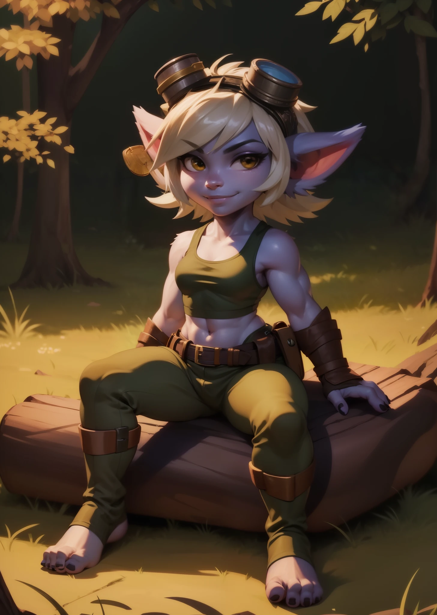 [tristana], [LOL], ((masterpiece)), ((HD)), ((high res)), ((beautiful render art)), ((solo portrait)), ((full body)), ((front view)), ((feet visible)), ((detailed shading)), {(attractive), (short), yordle, (purple skin), (elf ears), (short white hair), (cute brown eyes), (detailed iris), (short eyelashes), (curvy hips), (detailed abs), (thick thighs), (detailed legs), (beautiful legs), (beautiful feet), (smug smirk), (excited expression)}, {(green sleeveless shirt), (navel), (tight green pants), (brown belt), (utility belt), (brown gauntlets), (fingerless gloves), (toeless socks), (goggles on head)}, {(sitting on log), (legs spread open), (looking at viewer)}, [background; (forest), (blue sky), (sun rays), (ambient lighting)]