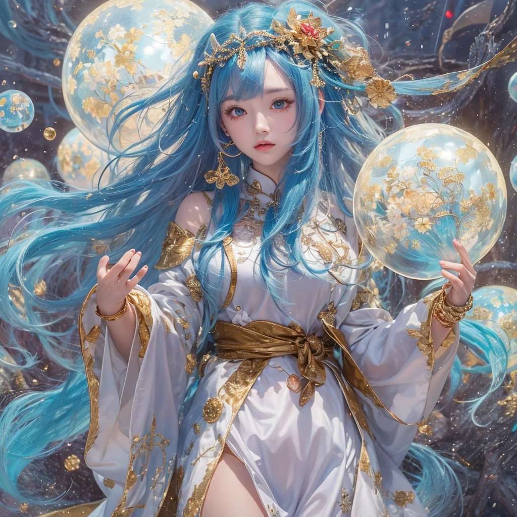 鹅黄 blue colors，enamel，agate，A flesh-colored world，Blood Blue Maiden 32k（masterpiece，HD，Aoyama Pond，Ultra high quality，32k）long flowing bright blue hair，blood pool，Ziddink， a color，Grumpy （After greeting）， （Linen scarf）， fighting stance， looking at the ground， long 鹅黄 hair， Floating bright blue， Fire cloud gold headdress， Chinese long-sleeved gold silk burgundy garment， （Abstract metaverse splash：1.2）， White background，Peony flower vitality protector（realistically：1.4），bright purple hair，Smoke on the road，The background is very pure， high resolution， detail， RAW photos， Sharp Re， Nikon D850 film photo by Jefferies Lee 4 Kodak Portra 400 camera F1.6 guns, colorful, Ultra-realistic and vivid textures, dramatic lighting, Unreal Engine Art Station Trend, Sinest 800，一个有着long flowing bright blue hair的女孩，Huge colorful bubbles鹅黄