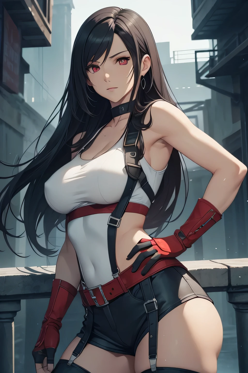 tifa lockhart, final fantasy, fair skin, long dark hair, red eyes, ((detailed eyes:1.2)), large breasts, wearing translucent white toga, sexy, sensual, sleeveless, sideboob, underboob, masterpiece, top quality, best quality, official art, beautiful and aesthetic:1.2), extreme detailed, colorful, highest detailed