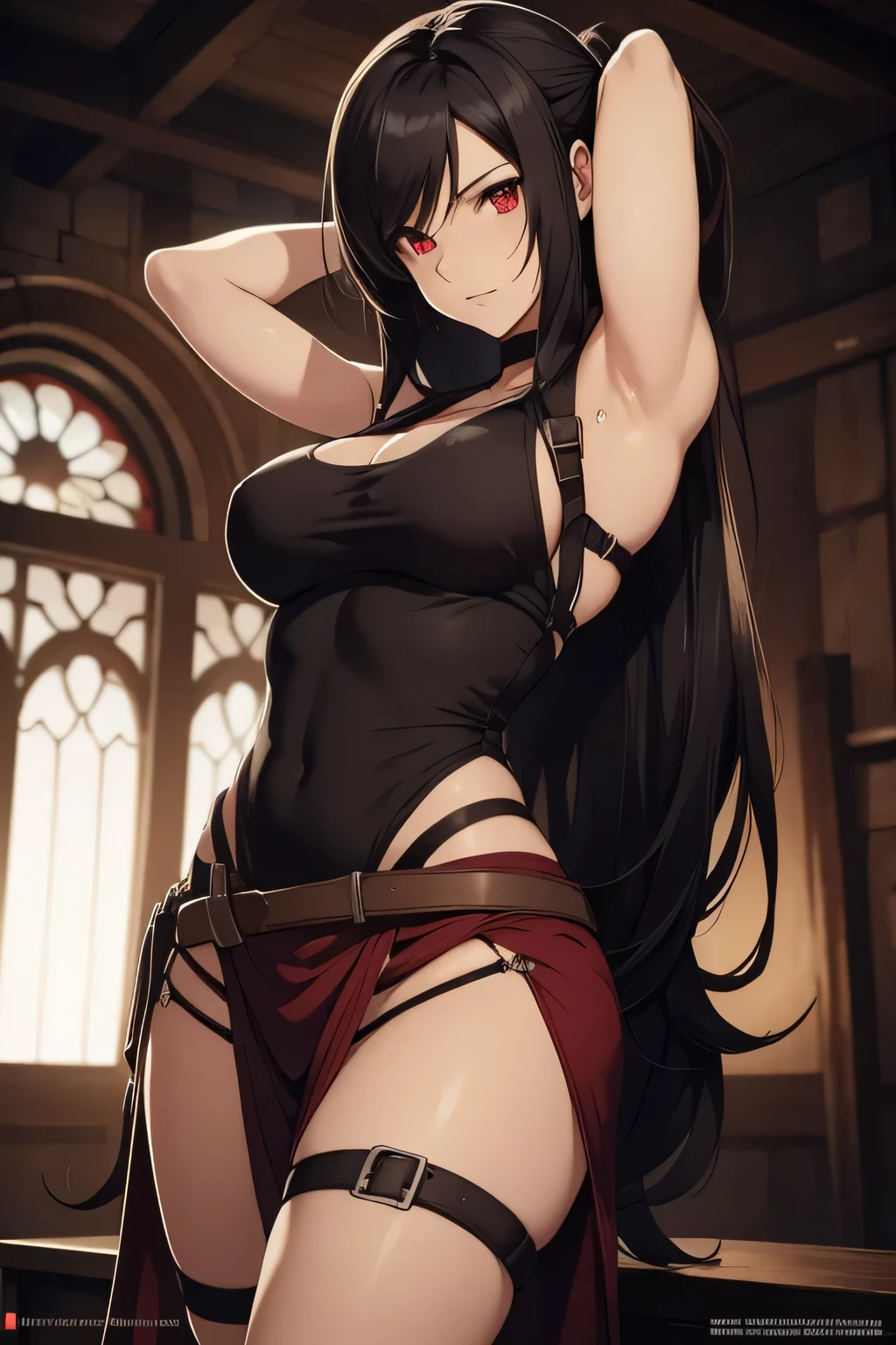 tifa lockhart, final fantasy, fair skin, long dark hair, red eyes, ((detailed eyes:1.2)), large breasts, wearing translucent white toga, sexy, sensual, sleeveless, sideboob, underboob, masterpiece, top quality, best quality, official art, beautiful and aesthetic:1.2), extreme detailed, colorful, highest detailed