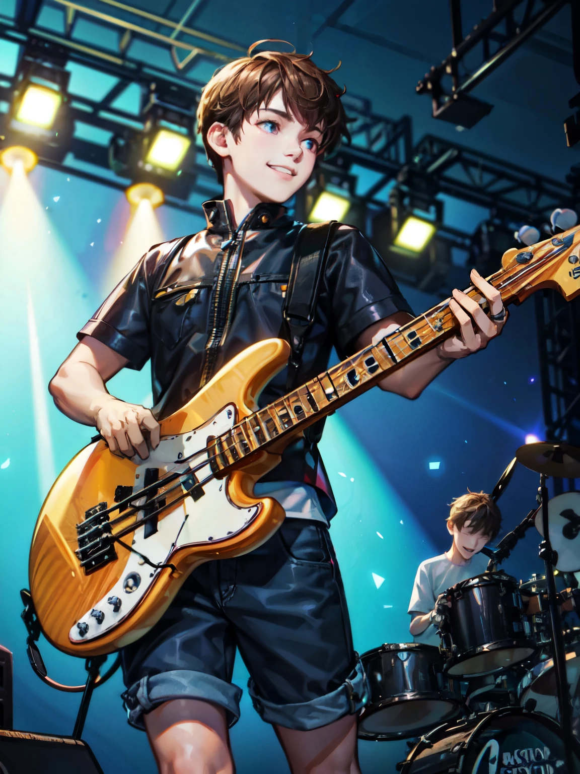 （exquisite illustrations：1.4），（master piece：1.0）， （best quality：1.4）， （ultra high resolution：1.2）， （Realistic：1.4），（18-year-old：1.3）, live stage, turn back，medium shot, A boy playing a Bass guitar in desperation:1.5,alone, Fender precision bass (Red),　jump up and down, Jump, brown hair, bright, smile