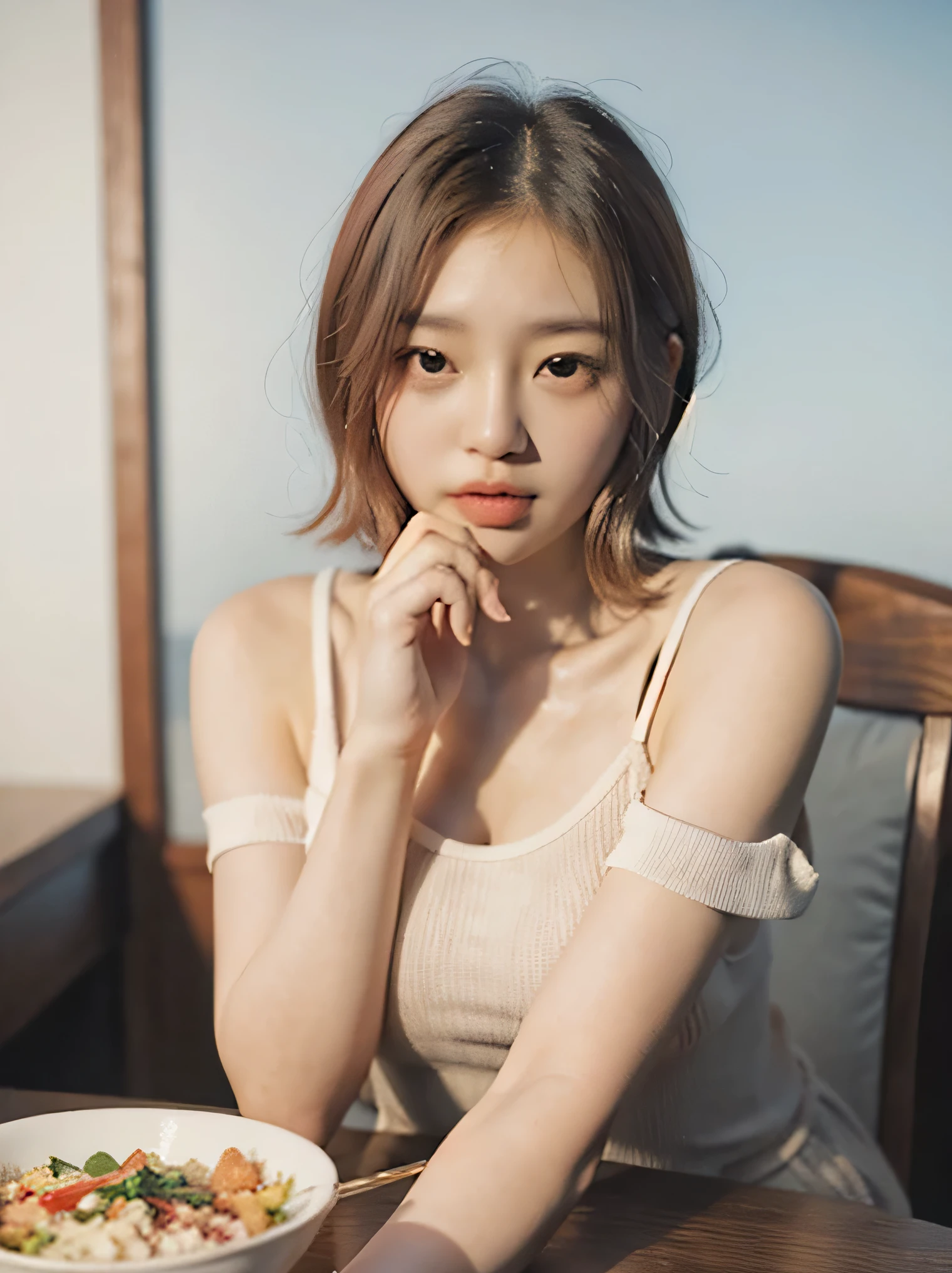 There is a woman sitting at the table，holding a bowl of food in hand, beautiful south korean woman, beautiful young korean woman, korean girl, gorgeous young korean woman, short hair, young cute korean face, Young cute asian face, young asian girl, beautiful asian girl, korean woman, Nam Jae Hwa, Portrait of Korean female idol, 8k art germ ，Random streets，full-body shot，Youth clothing