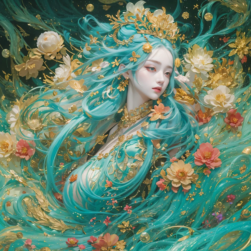 鹅黄 blue colors，enamel，agate，A flesh-colored world，Blood Blue Maiden 32k（masterpiece，HD，Aoyama Pond，Ultra high quality，32k）long flowing bright blue hair，blood pool，Ziddink， a color，Grumpy （After greeting）， （Linen scarf）， fighting stance， looking at the ground， long 鹅黄 hair， Floating bright blue， Fire cloud gold headdress， Chinese long-sleeved gold silk burgundy garment， （Abstract metaverse splash：1.2）， White background，Peony flower vitality protector（realistically：1.4），bright purple hair，Smoke on the road，The background is very pure， high resolution， detail， RAW photos， Sharp Re， Nikon D850 film photo by Jefferies Lee 4 Kodak Portra 400 camera F1.6 guns, colorful, Ultra-realistic and vivid textures, dramatic lighting, Unreal Engine Art Station Trend, Sinest 800，一个有着long flowing bright blue hair的女孩，Huge colorful bubbles鹅黄