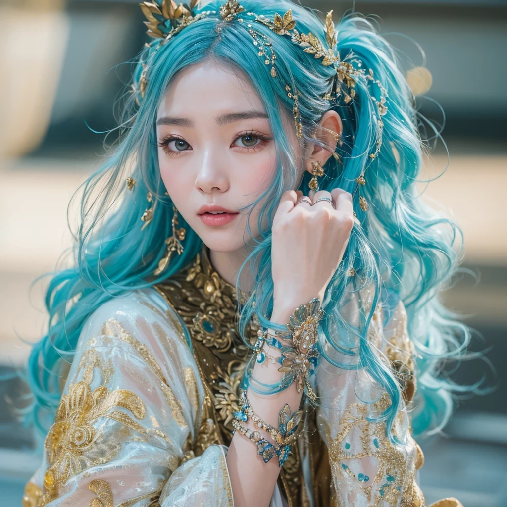 鹅黄 blue colors,enamel,agate,A flesh-colored world,Blood Blue Maiden 32k(masterpiece,HD,Aoyama Pond,Ultra high quality,32k)long flowing bright blue hair,blood pool,Ziddink, a color,Grumpy (After greeting), (Linen scarf), fighting stance, looking at the ground, long 鹅黄 hair, Floating bright blue, Fire cloud gold headdress, Chinese long-sleeved gold silk burgundy garment, (Abstract metaverse splash:1.2), White background,Peony flower vitality protector(realistically:1.4),bright purple hair,Smoke on the road,The background is very pure, high resolution, detail, RAW photos, Sharp Re, Nikon D850 film photo by Jefferies Lee 4 Kodak Portra 400 camera F1.6 guns, colorful, Ultra-realistic and vivid textures, dramatic lighting, Unreal Engine Art Station Trend, Sinest 800,一个有着long flowing bright blue hair的女孩,Huge colorful bubbles鹅黄