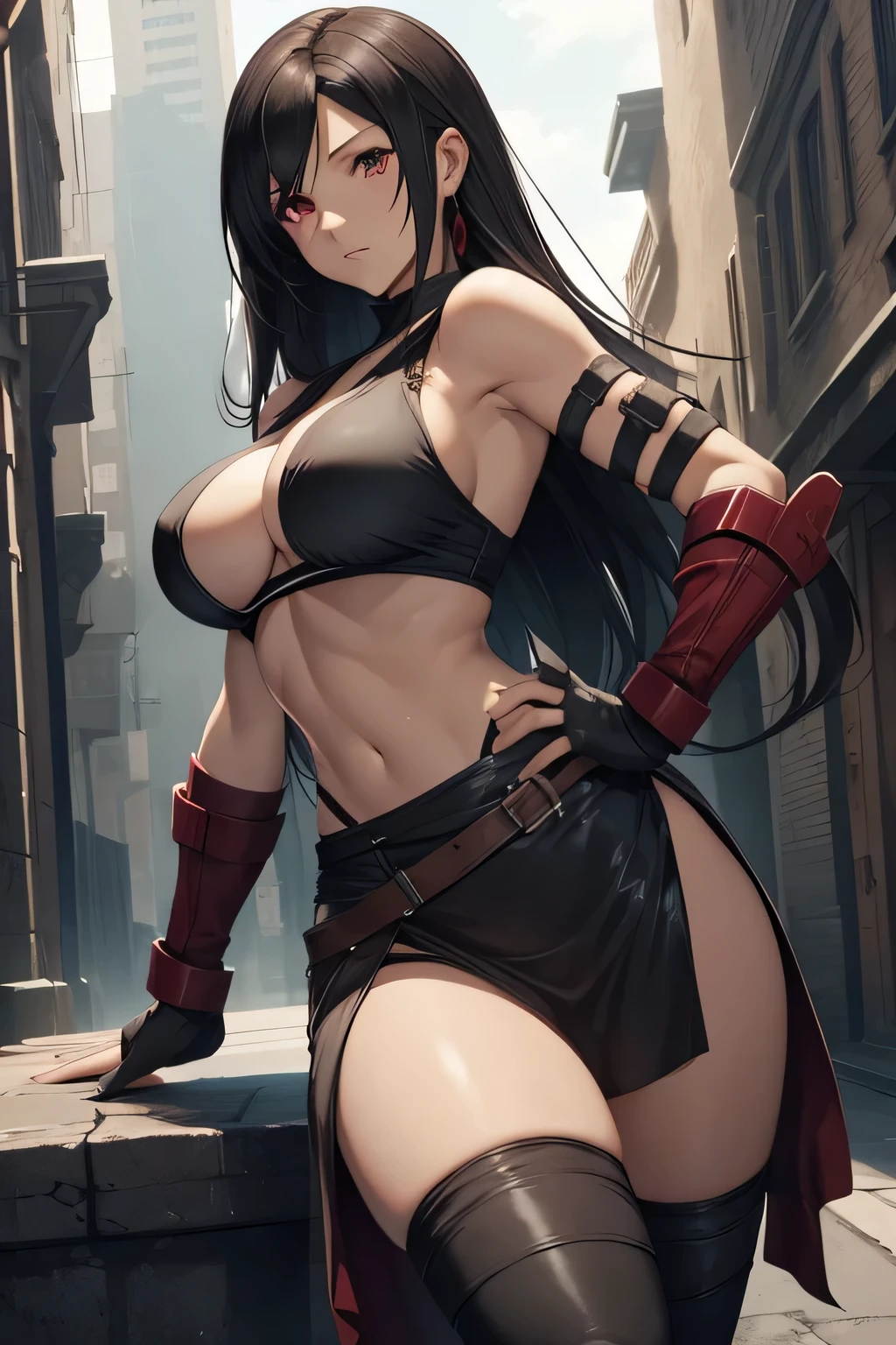 tifa lockhart, final fantasy, fair skin, long dark hair, red eyes, ((detailed eyes:1.2)), large breasts, wearing toga, sexy, sensual, sleeveless, sideboob, underboob, masterpiece, top quality, best quality, official art, beautiful and aesthetic:1.2), extreme detailed, colorful, highest detailed