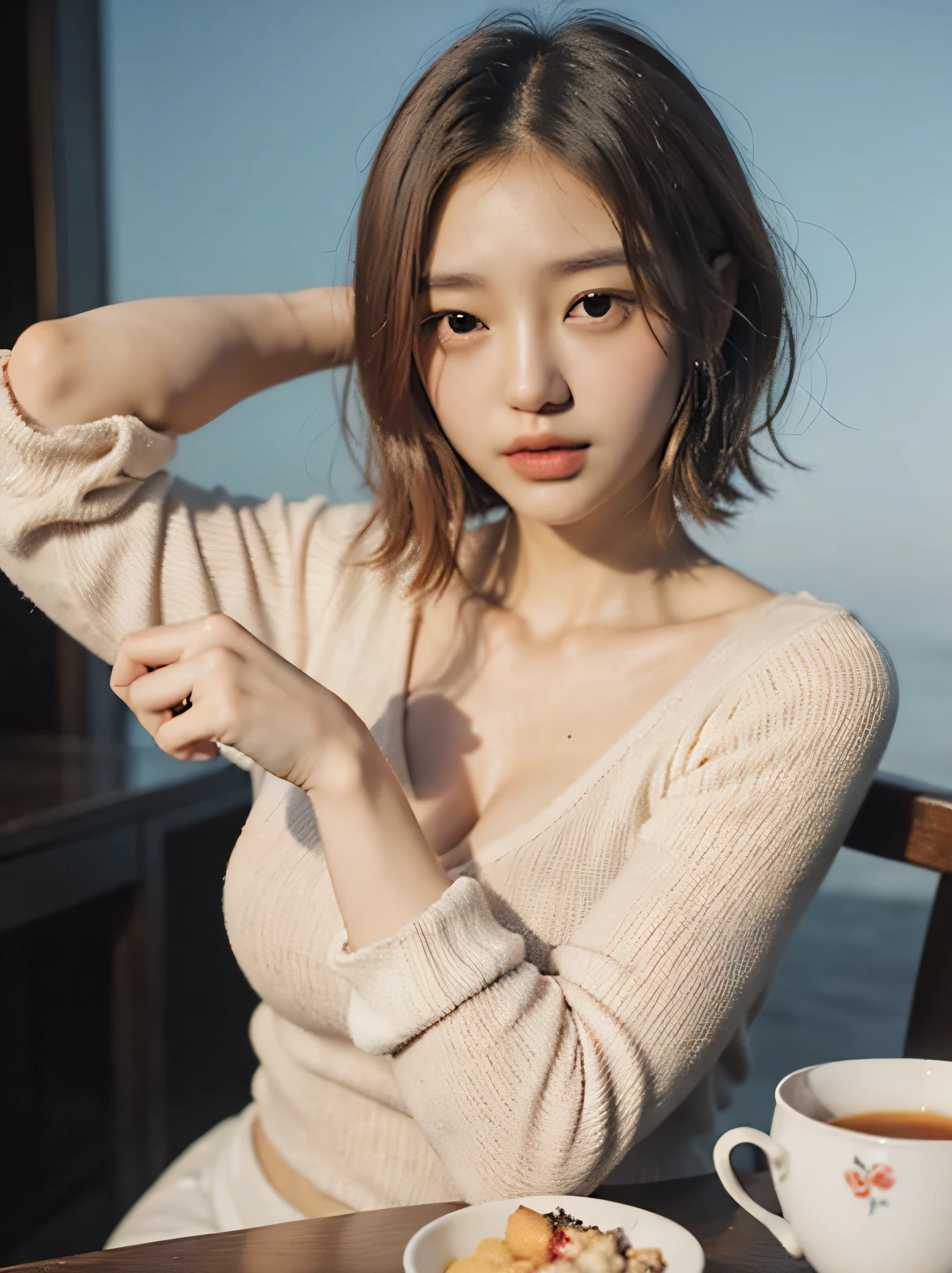 There is a woman sitting at the table,holding a bowl of food in hand, beautiful south korean woman, beautiful young korean woman, korean girl, gorgeous young korean woman, short hair, young cute korean face, Young cute asian face, young asian girl, beautiful asian girl, korean woman, Nam Jae Hwa, Portrait of Korean female idol, 8k art germ ,Random streets,full-body shot,Youth clothing