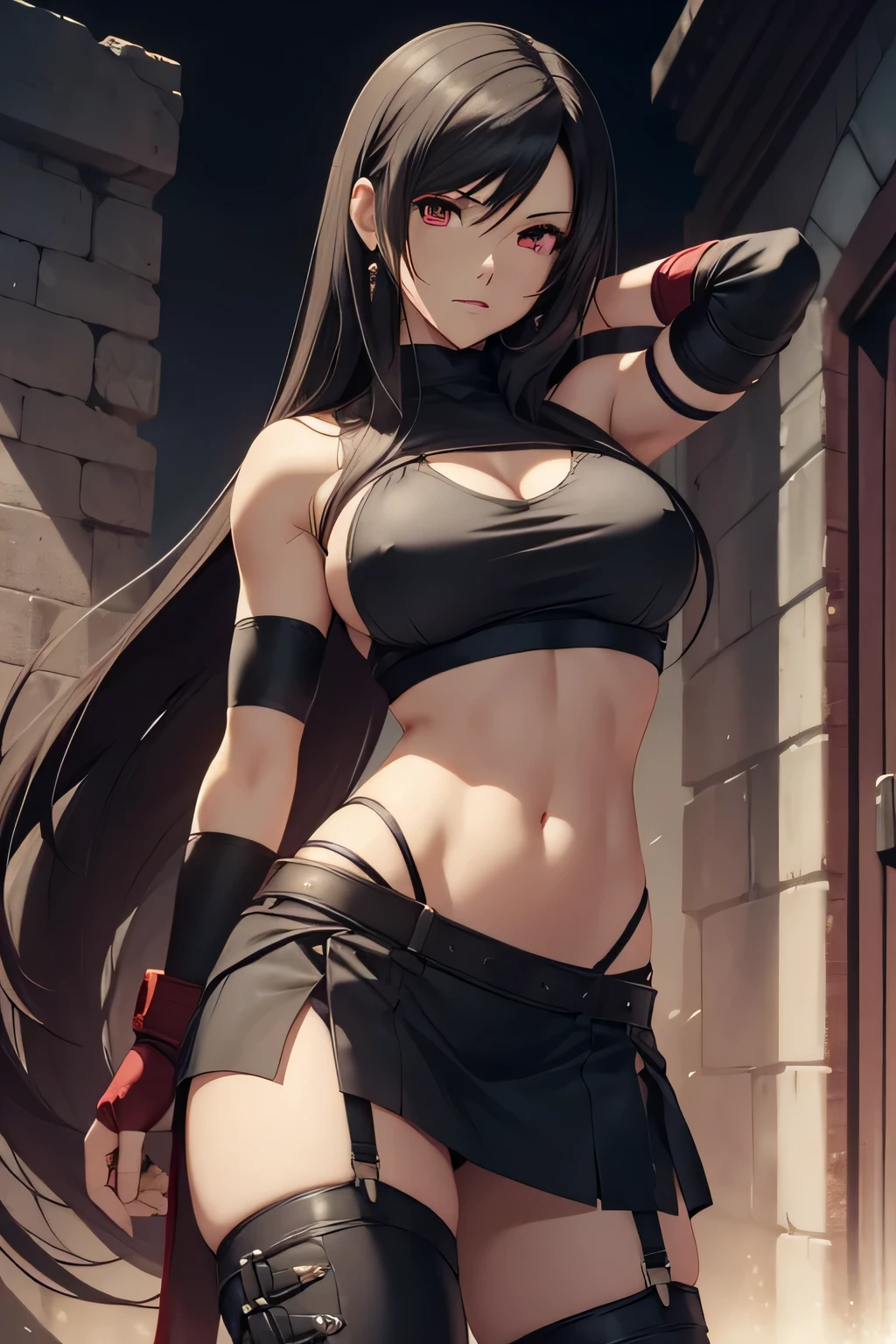 tifa lockhart, final fantasy, fair skin, long dark hair, red eyes, ((detailed eyes:1.2)), large breasts, wearing toga, sexy, sensual, sleeveless, sideboob, underboob, masterpiece, top quality, best quality, official art, beautiful and aesthetic:1.2), extreme detailed, colorful, highest detailed