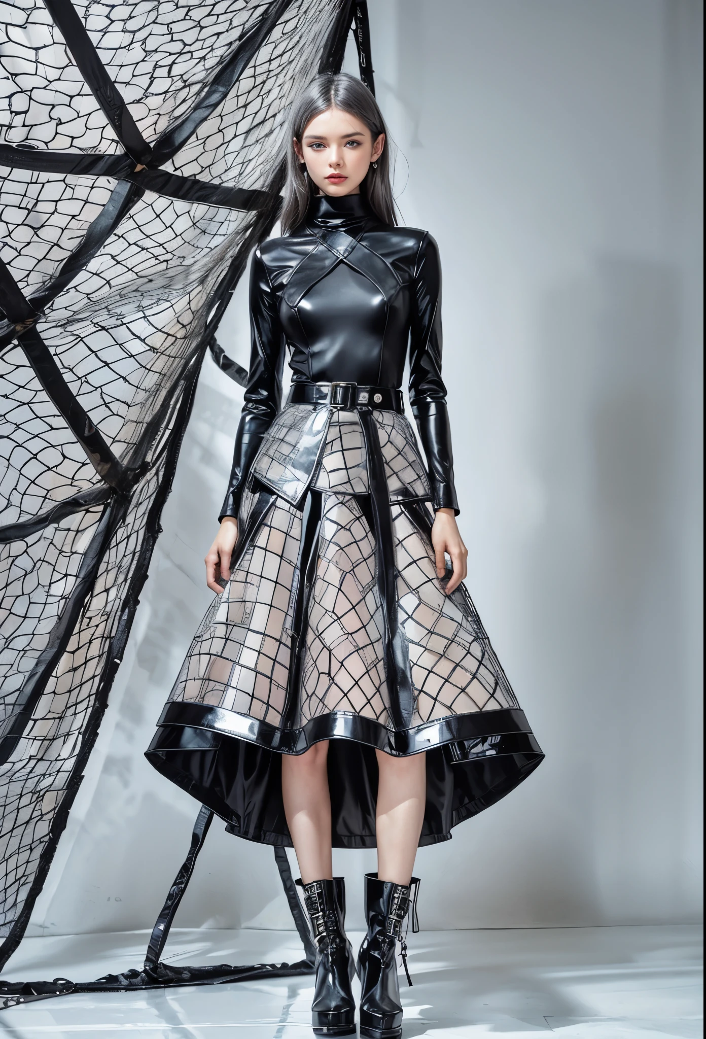 fashion brand collection, highly detailed, beautiful, masterpiece, best quality, Geometric style, abstract beauty,1 girl, (all body shot, standing and posing:1.3), BREAK latex, Glossy, Liquid, rubber, BREAK (turtleneck:1.2), (black theme:1.2), (black maximum A-line skirt:1.2), (patchwork of fish net and leather:1.2), (complex triangular silhouette, triangular hanging cloth skirt, complicated hanging cloth skirt, large cloth that hides the legs, Complex layered skirt:1.4), (white and black:1.4),(gray hair, blue eyes:1.4),
