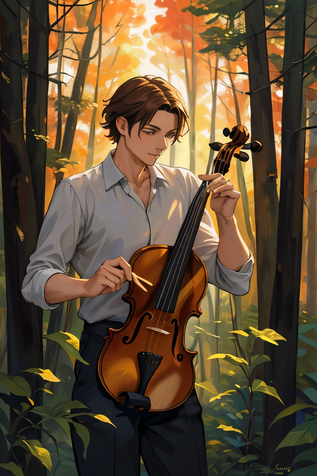 painting of a man in a forest, (anime, obra de arte, classical obra de arte, por Yang J., por Dechko Uzunov, Pintura virtuosa, violin, Afremov Leonid, Estilo de Leonid Afremov, hermoso arte, masterful composition!!!, beautiful obra de arte, por Elaine Hamilton, pintura de hermosa