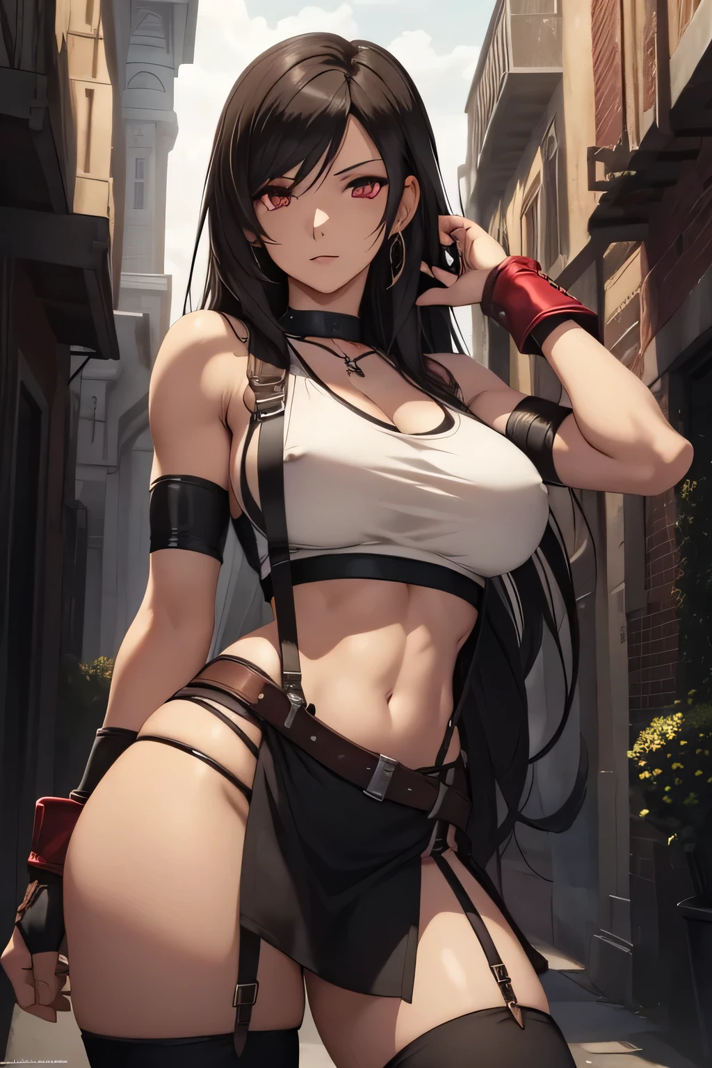 tifa lockhart, final fantasy, fair skin, long dark hair, red eyes, ((detailed eyes:1.2)), large breasts, wearing toga, sexy, sensual, sleeveless, sideboob, underboob, masterpiece, top quality, best quality, official art, beautiful and aesthetic:1.2), extreme detailed, colorful, highest detailed