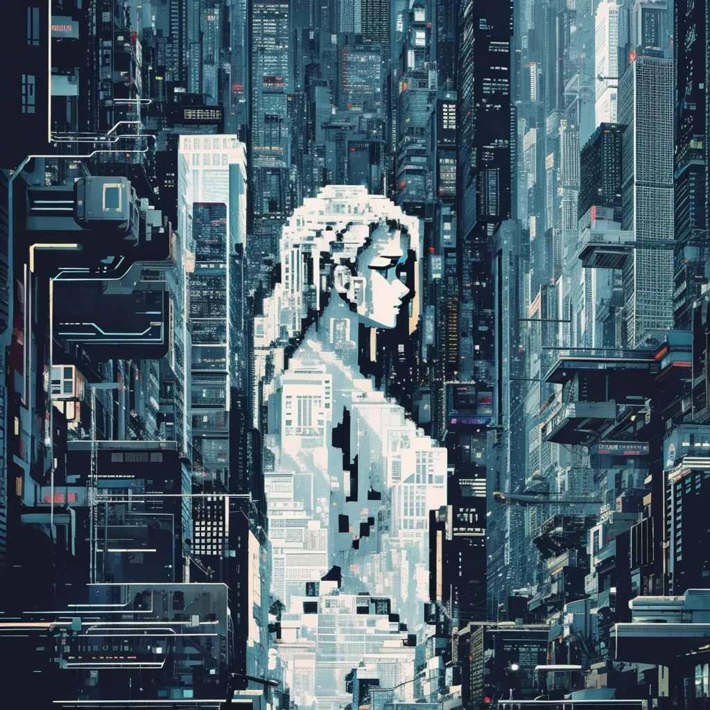 [girl in white skirt:5] Exterior，cyberpunk street, ASCII art  (Pixel 8-bit style:1.1)，negative space composition