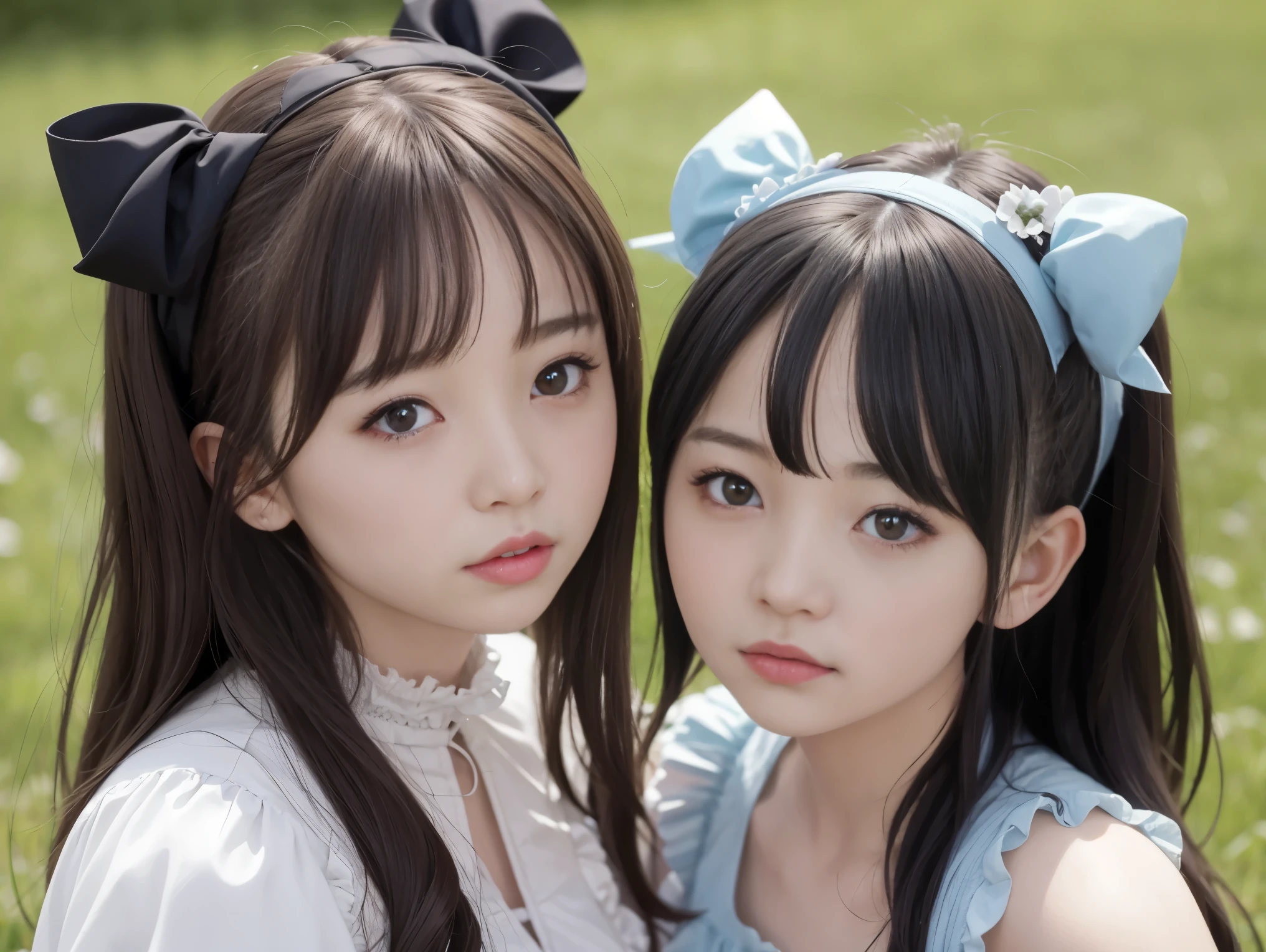 there are two girls、The figure on the left is wearing a goth  costume with light blue frills、The person on the right is wearing a pink goth outfit with frills.、Facing each other、saw、looking at camera、Japanese、 girl、16 yearm in the grassland