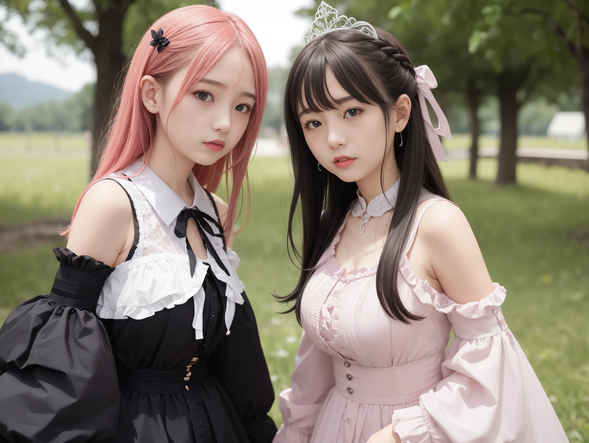 there are two girls、The figure on the left is wearing a goth costume with light blue frills、The person on the right is wearing a pink goth outfit with frills.、Facing each other、saw、looking at camera、Japanese、teenage girl、16 years old、I'm in the grassland