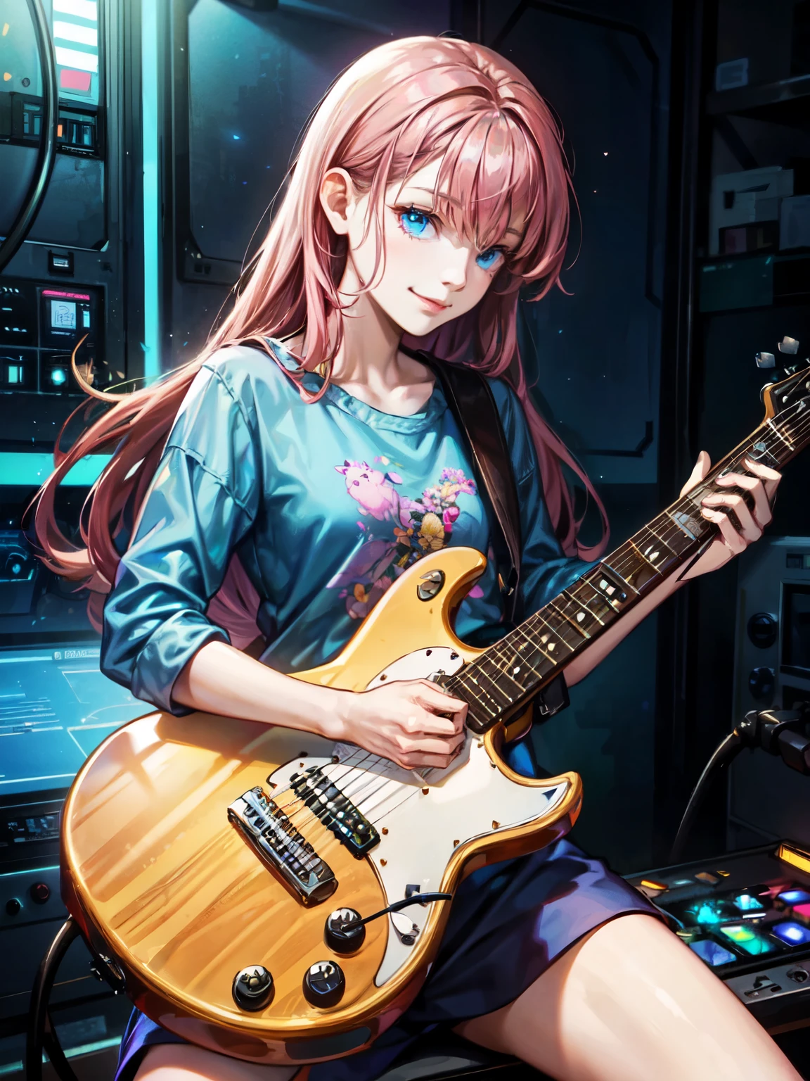 （exquisite illustrations：1.4），（master piece：1.0）， （best quality：1.4）， （ultra high resolution：1.2）， （Realistic：1.4），（18-year-old：1.3）， Girl strumming electric guitar furiously:1.5,alone, PACIFICA112VMX(Yellow Natural Satin,Yellow Natural Satin),　hair above one eye, long hair, pink hair,straight hair,Candy Plasma Blue Eyes, bright, smile