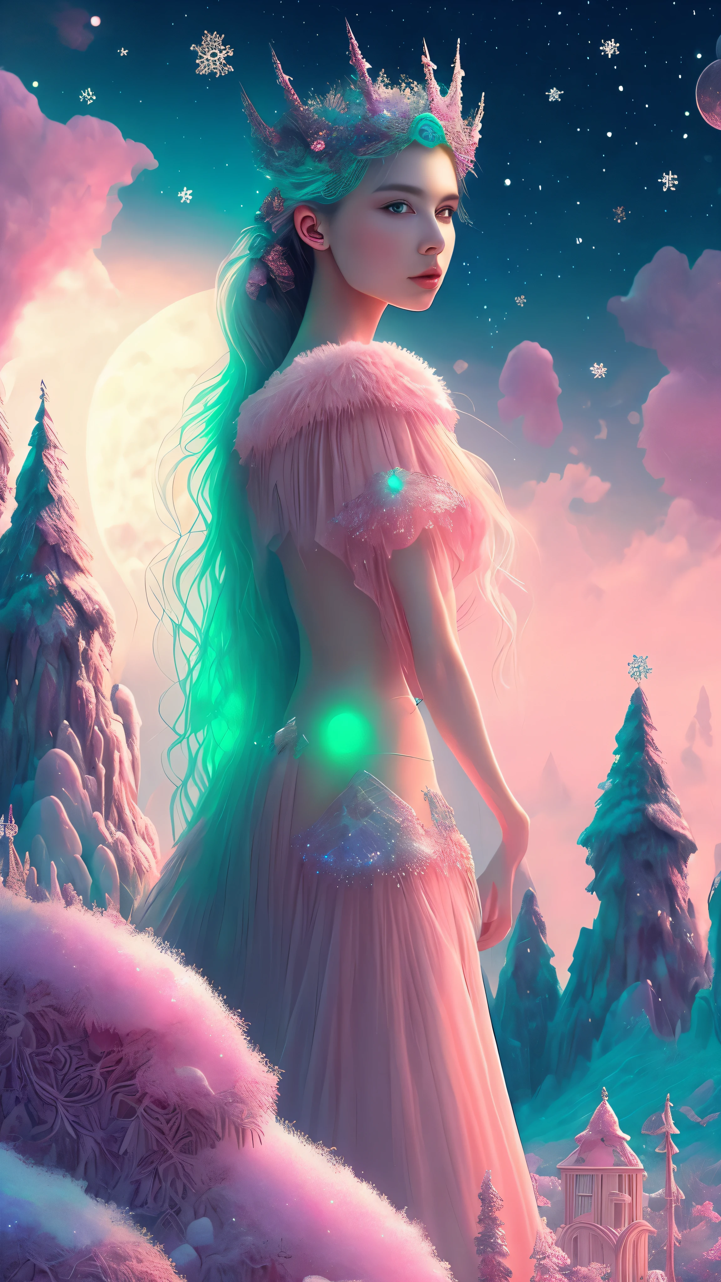 In a vibrant and enchanting world filled with fluorescent colors (1.4), there stands a graceful girl with translucent skin (1.4). Her appearance is further accentuated by the application of retro filters (1.4), giving an otherworldly feel to her ethereal and soft features. Surrounding her is a candy-colored landscape reminiscent of Disneyland, complete with a fluffy and whimsical forest, a pastel pink sky, and a dusting of snow. The scenery is adorned with magical elements such as gemstones, diamonds, and sparkling stars that fill the background with immense detail and hyper-realistic ultracinem