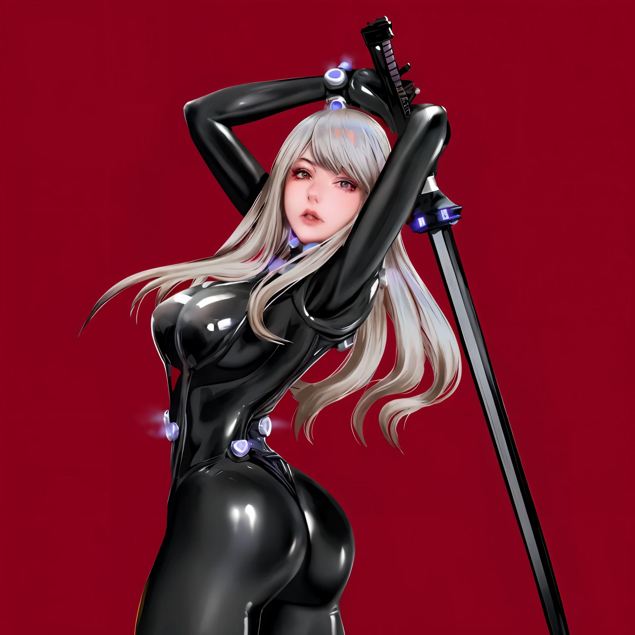 anime girl in latex with sword and purple lights, katana zero video game character, katanas strapped to her back, dramatic wielding katana pose, persona 5 art style wlop, cyborg - girl with silver hair, portrait ninja gaiden girl, katana, she is holding a katana sword, ann takamaki from persona 5, perfect anime cyborg woman