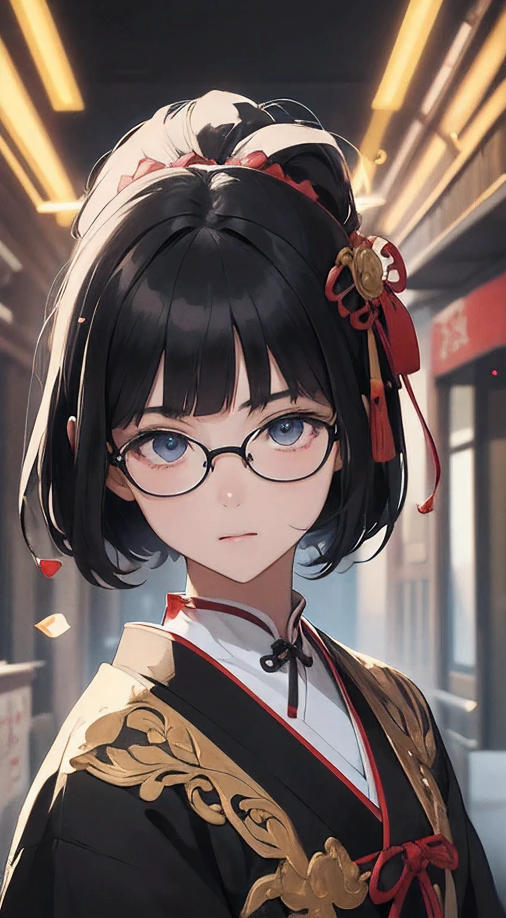 (Fantasy illustration:1.5), (alone:1.2), (japanese manga,8k,masterpiece, top quality, best quality,Beautiful and beautiful:1.2,Professional illustration:1.1,Super detailed:1.3,perfect lighting), Very detailed, most detailed, Extremely ridiculous, high resolution, Super detaileded, complicated:1.6, (girl), Very detailed beautiful face and eyes,Beautiful hair wearing glasses, bob hair, blunt bangs, (black hair:1.4), ( Taoist costumes:1.2), Guess the skin, (Abstract:1.2), beautiful, split,medium chest,