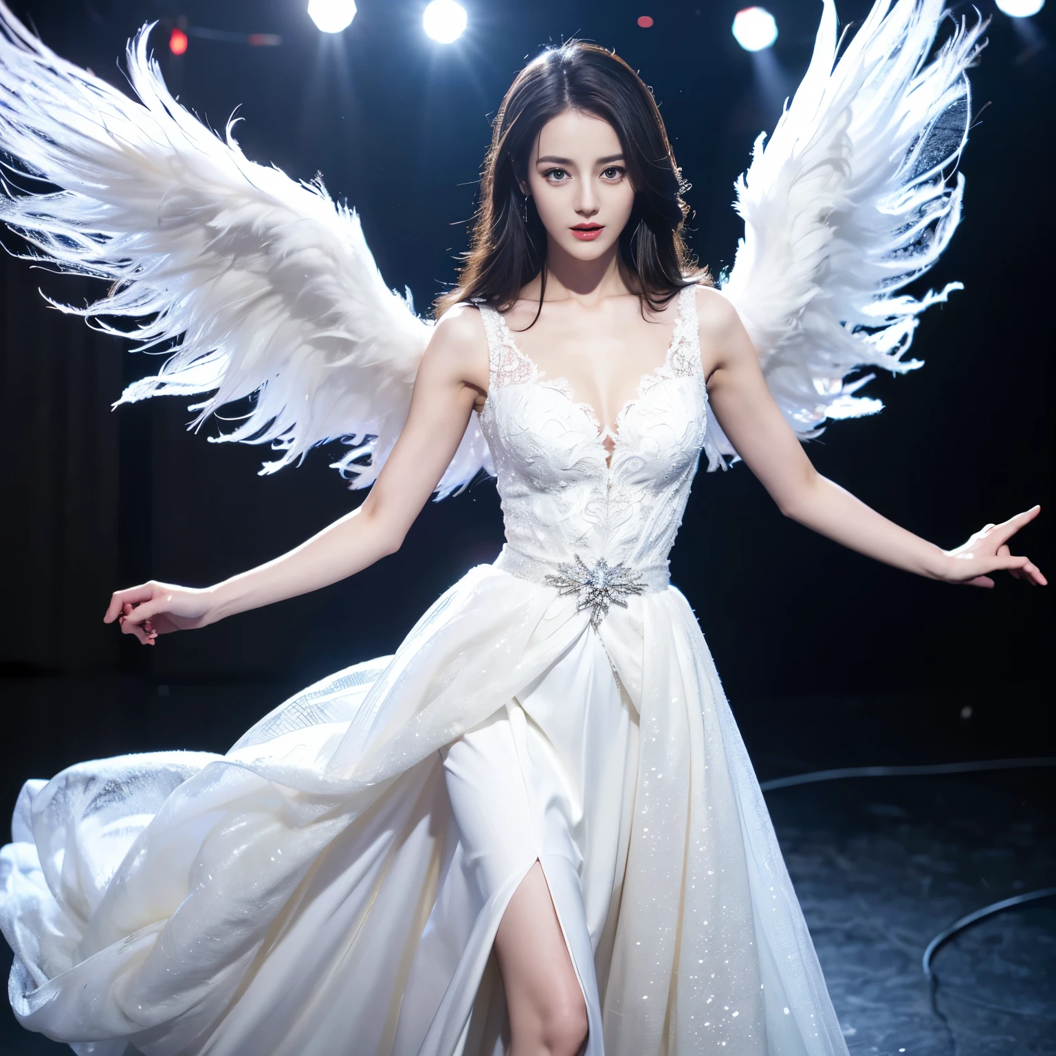 ((top quality、8k、​Masterpiece:1.3))、Extremely delicate and beautiful girl，Very white skin，fiery red lips，Waist is very thin，Thighs are very thin，White wedding dress，White and smooth skin，Smooth and fair skin，flawless skin，Fair and shiny skin，cold white skin，The camera focuses on the chest，bright light，hair is white，A pair of huge white wings on the back，angel wings，hazy light rays，hazy light rays，blurred white background，Long white dress，White hair，white hair，sad，shed tears